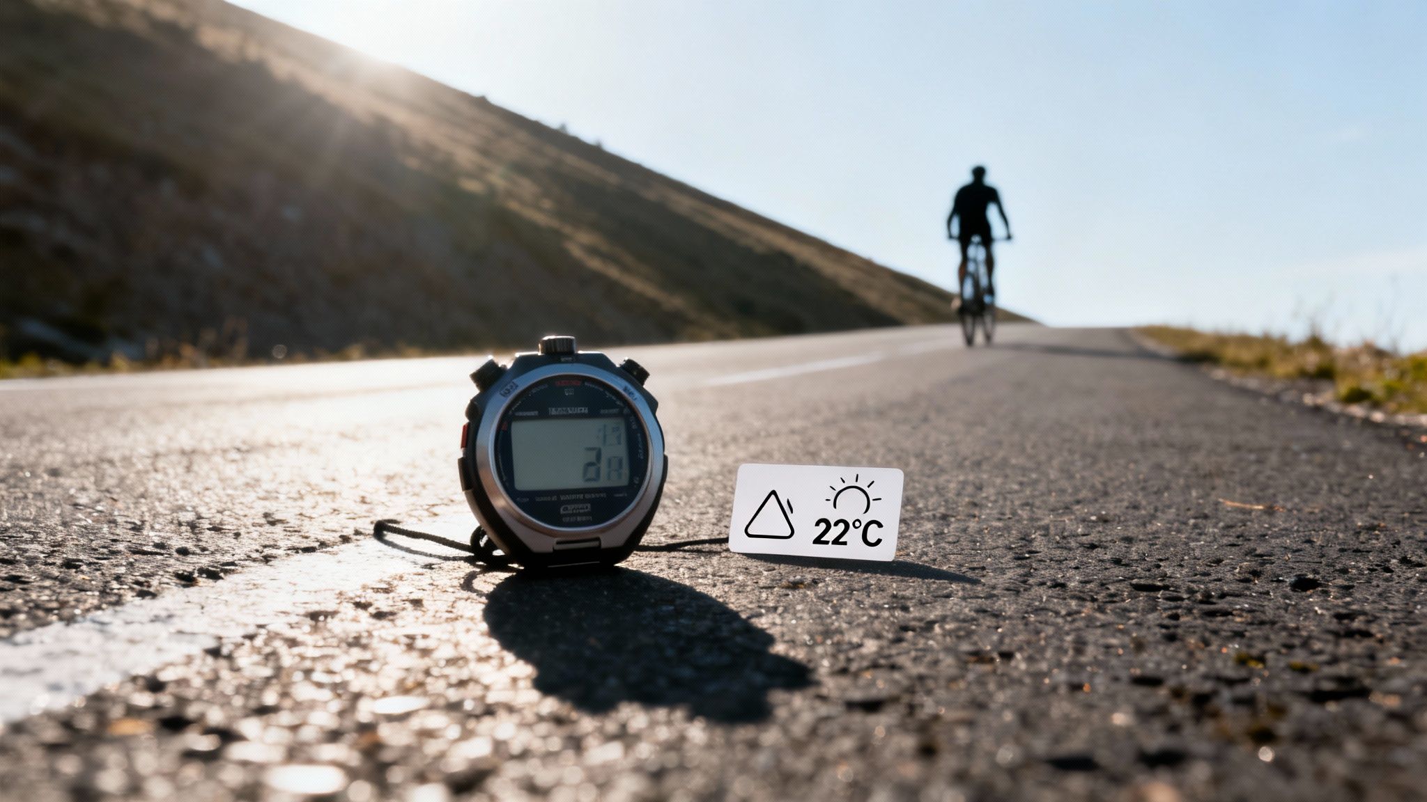 A stopwatch and a 22°C temperature sign on an asphalt road with a cyclist in the distance.