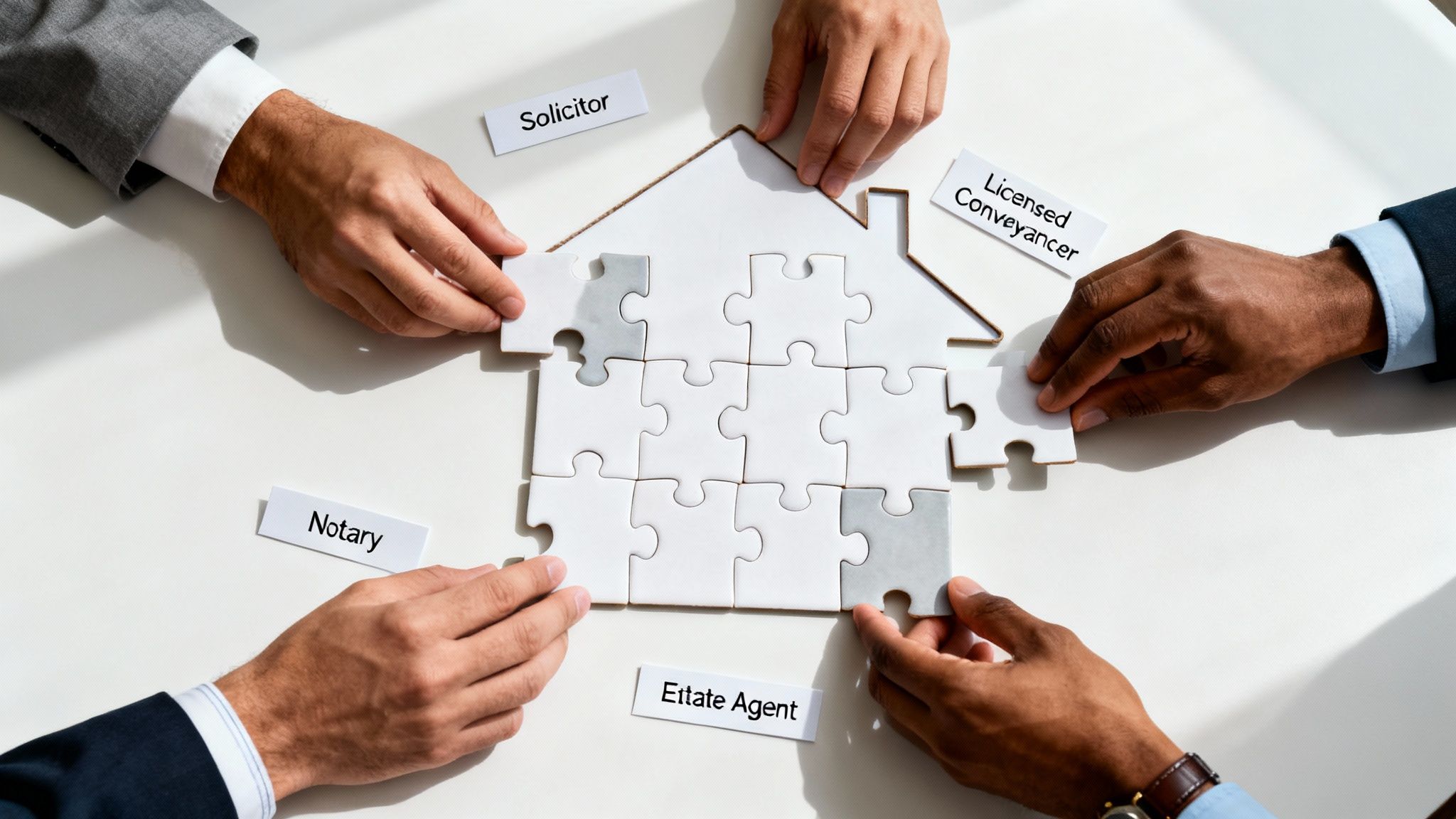 Diverse hands assemble a house puzzle with roles like solicitor and conveyancer, symbolizing property teamwork.