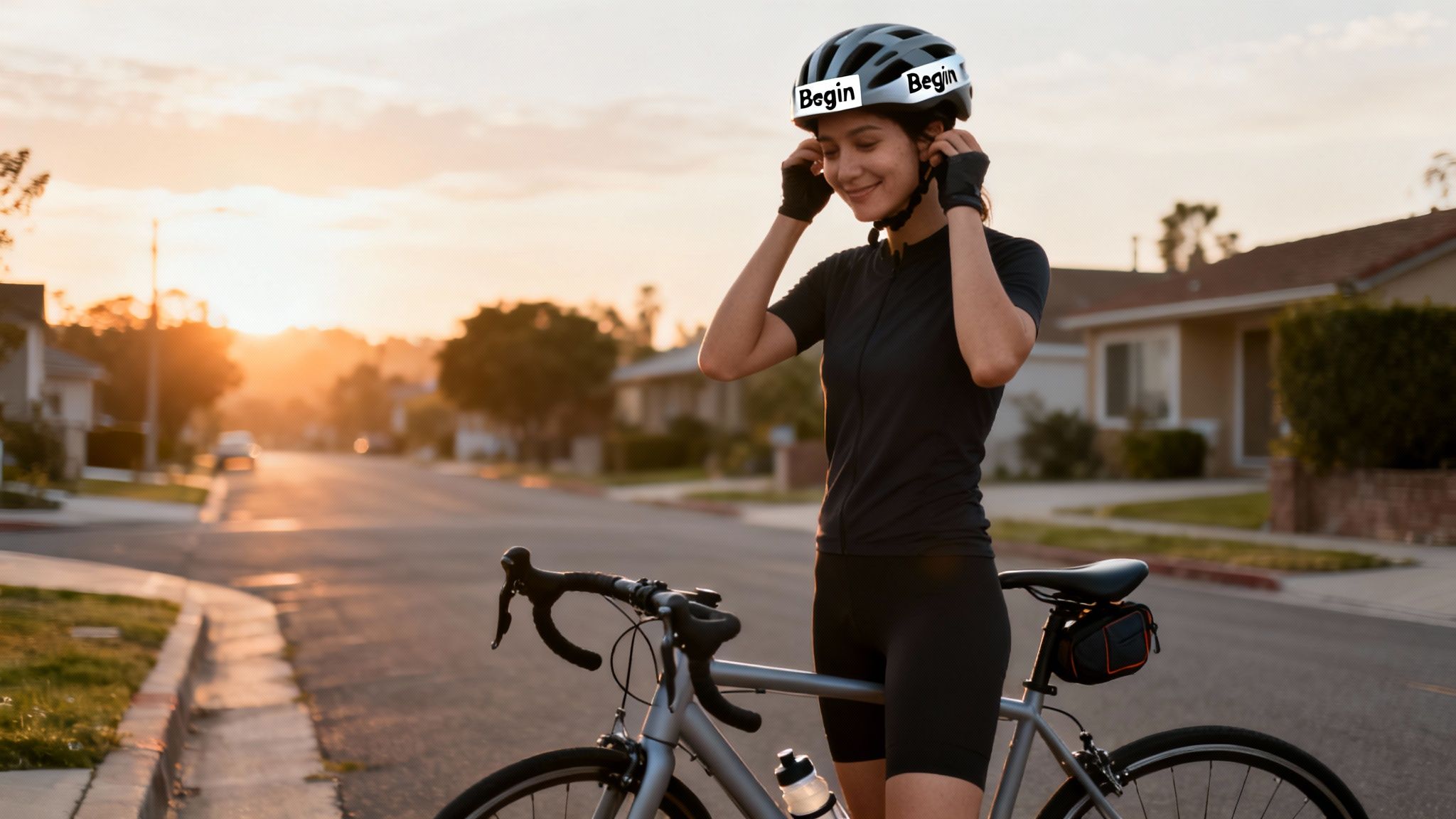 A smiling woman in cycling gear adjusts her helmet with "Begin" written on it, next to her bike at sunset.
