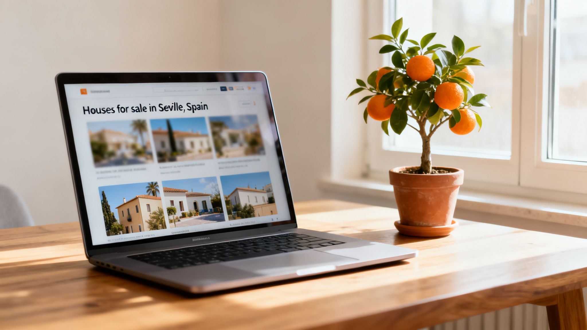 A laptop on a wooden desk displays a website with houses for sale in Seville, Spain, next to a potted orange tree.