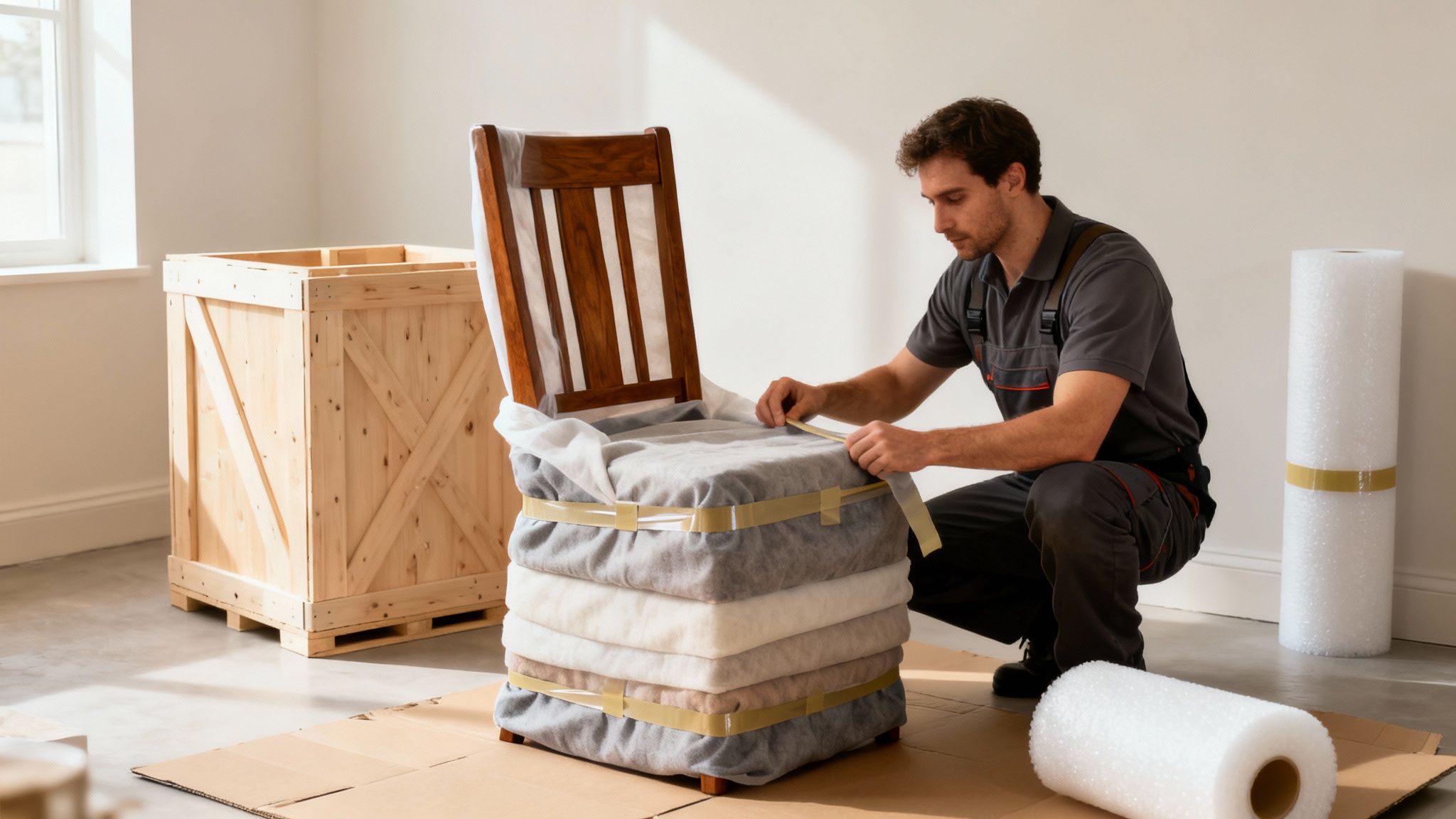 A man carefully wraps a stack of cushions on a wooden chair with tape for furniture packing.