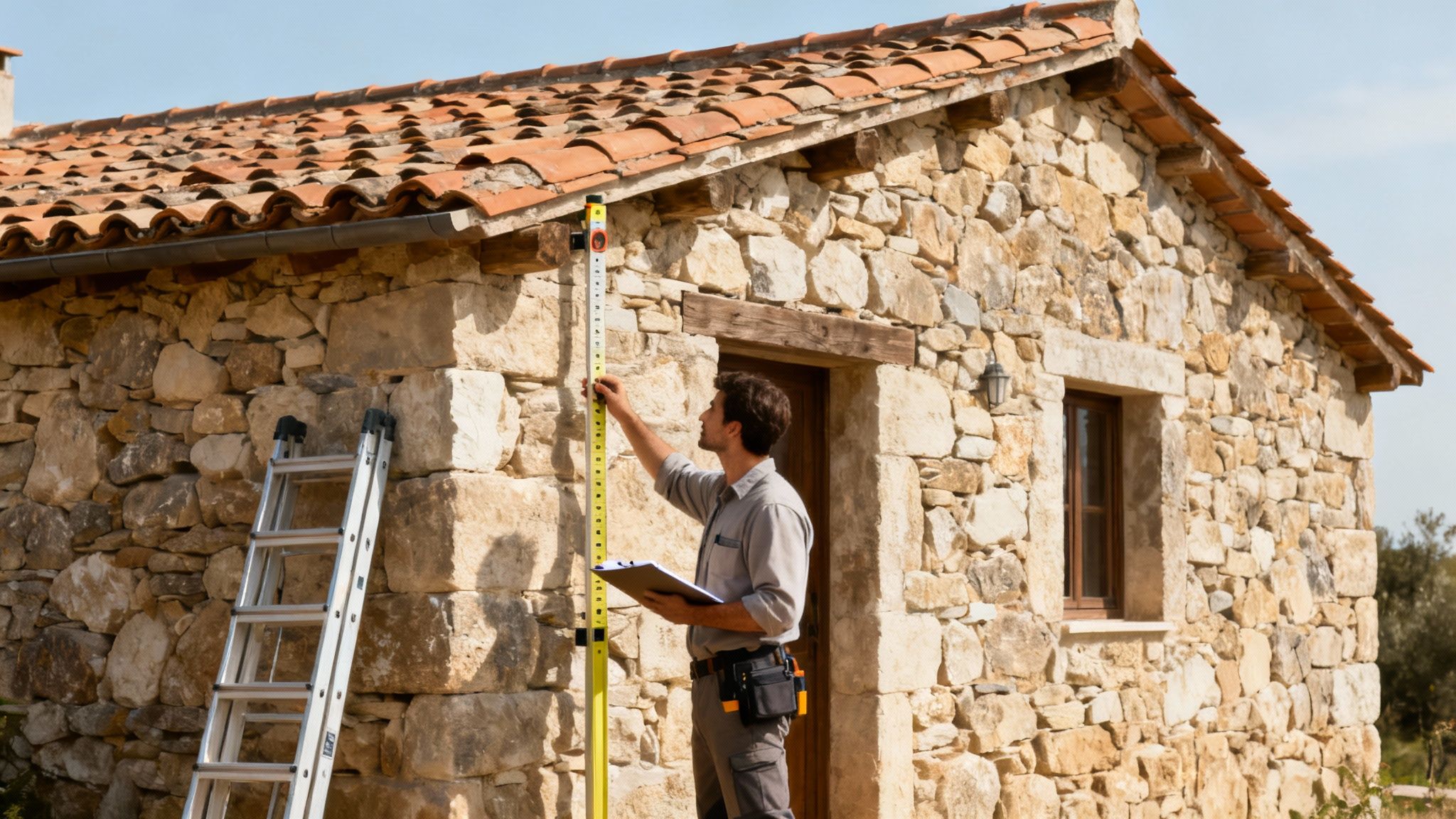 Professional inspector measuring stone wall of rustic Italian country house with ladder nearby