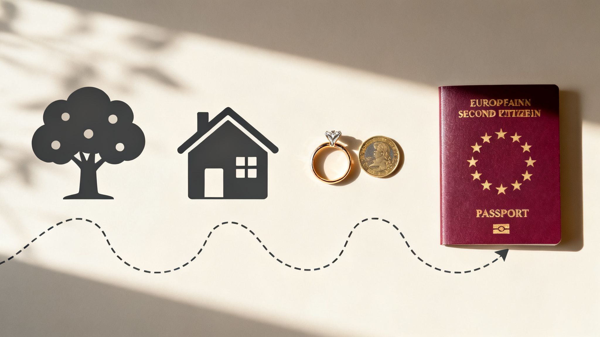 Icons representing life milestones: a tree, house, wedding ring, coin, leading to a second citizenship passport.
