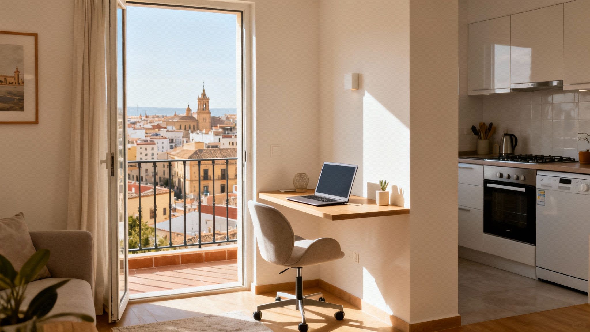 A bright room with an open balcony overlooking a historic city, featuring a desk with a laptop and a modern kitchen.