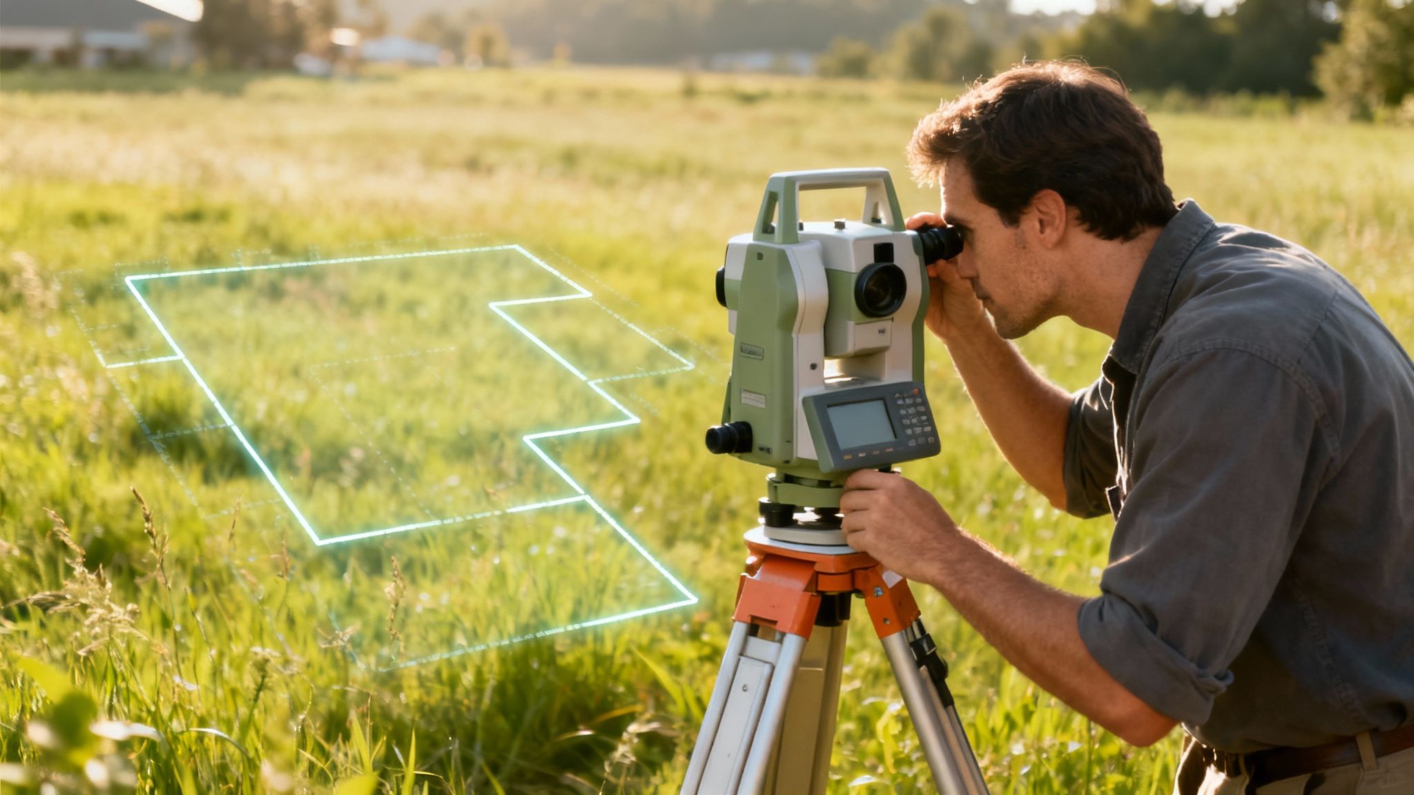 A surveyor's tools, including a tripod and measuring device, set up in a field.