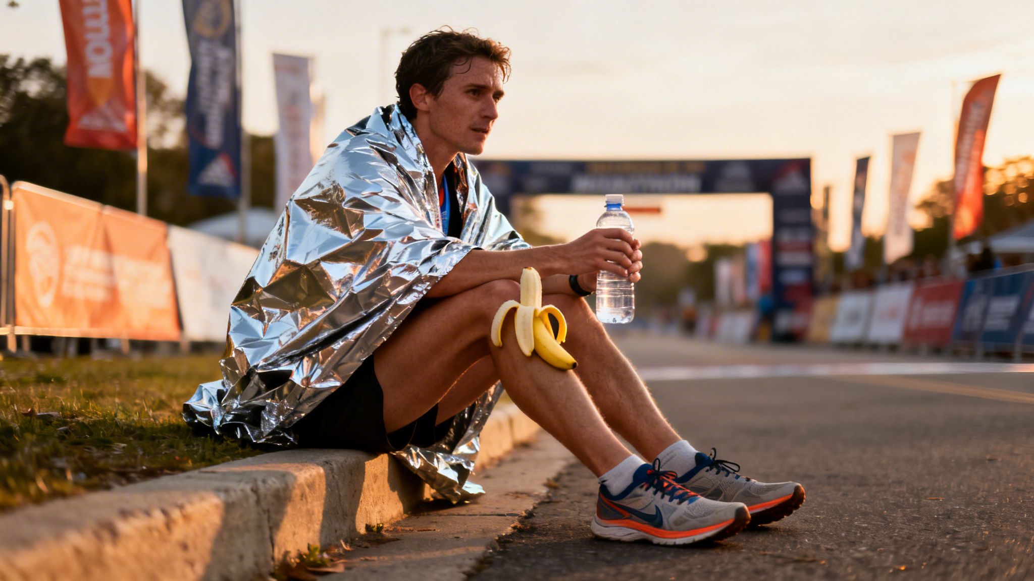 Exhausted male marathon runner wrapped in a thermal blanket, holding water and a banana, resting after a race.