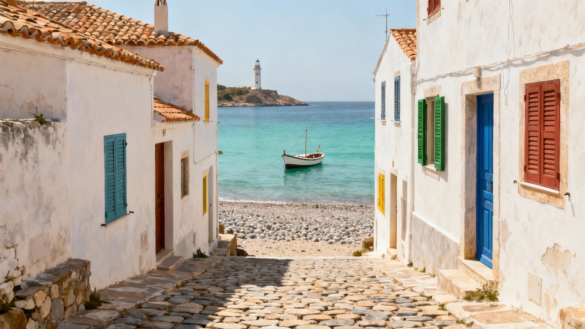 A picturesque, narrow cobblestone street winds down to a serene turquoise sea with a boat and lighthouse.
