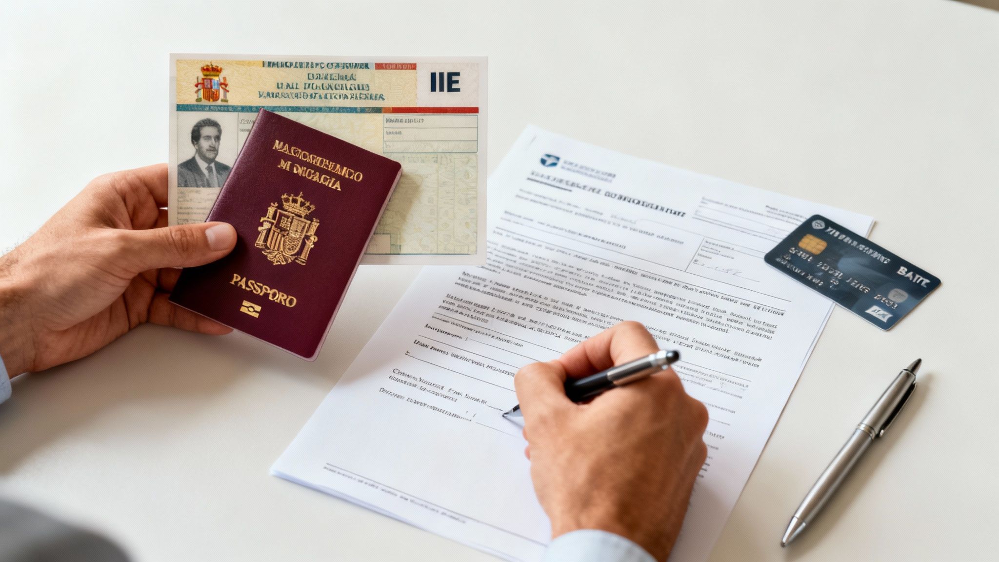 A person's hands holding a Spanish passport and signing official documents on a desk.