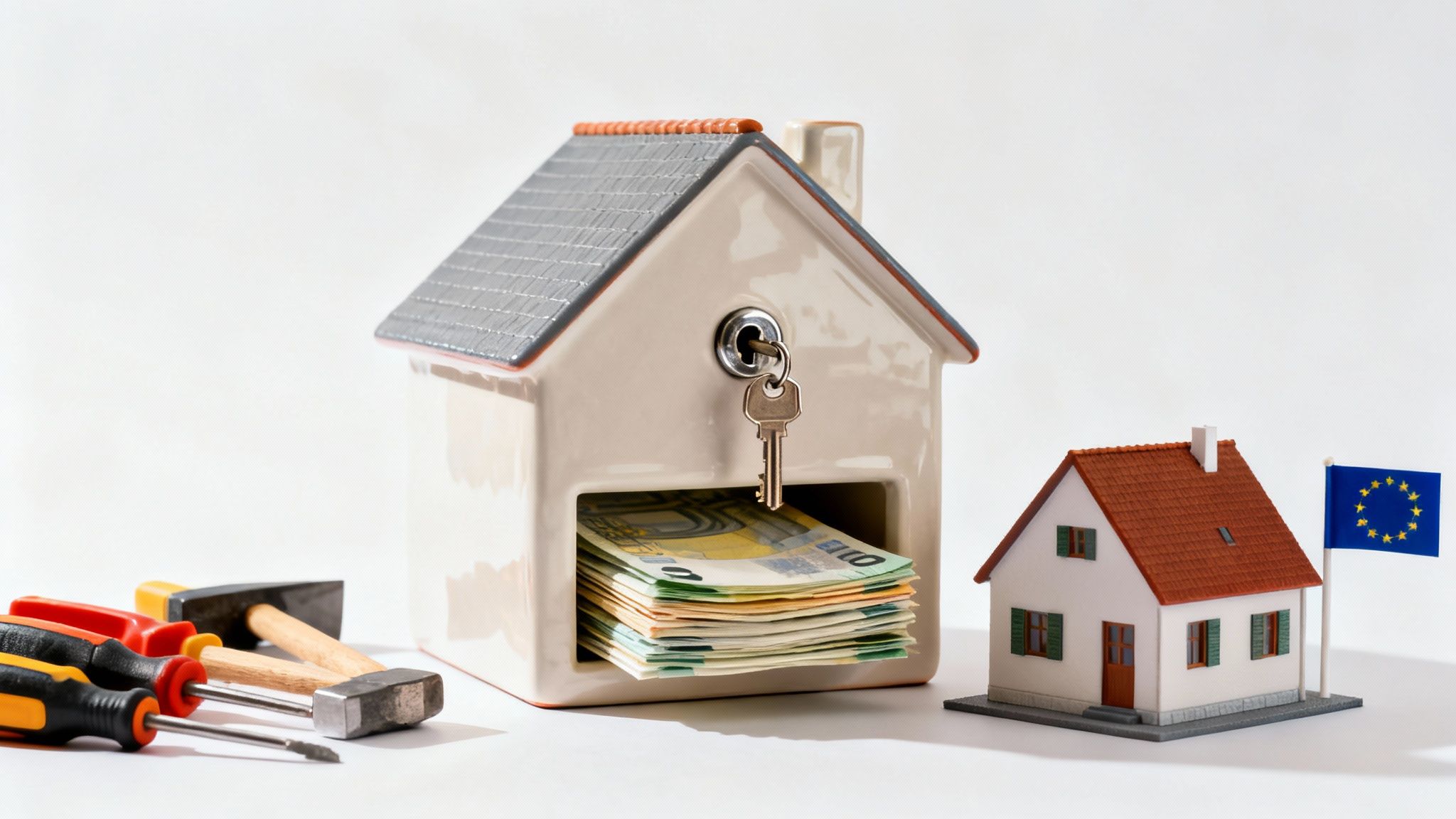 House-shaped piggy bank with euros and a key, next to a model house with an EU flag and tools.
