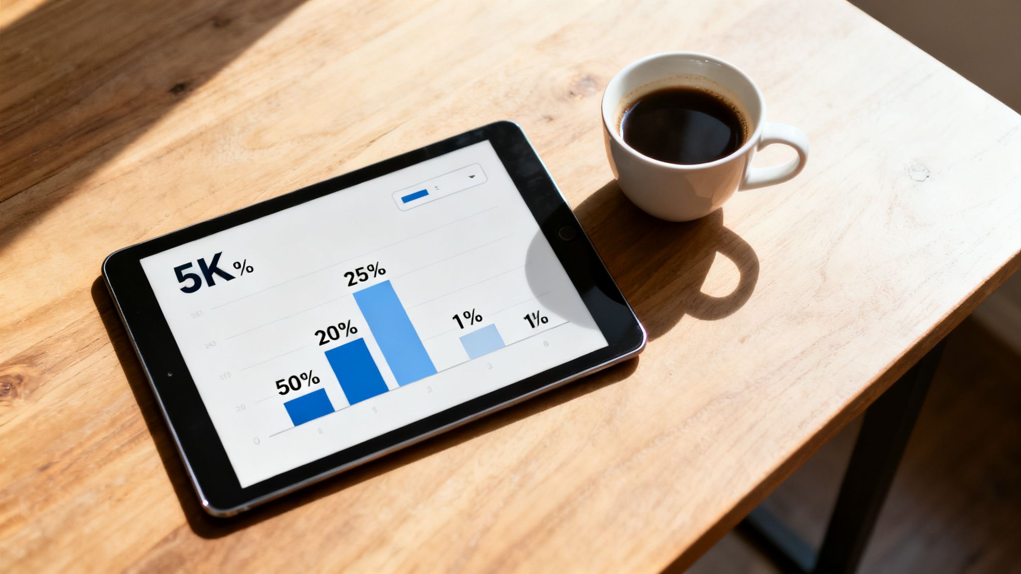A tablet displays a bar chart with percentages, next to a white coffee cup on a wooden table.