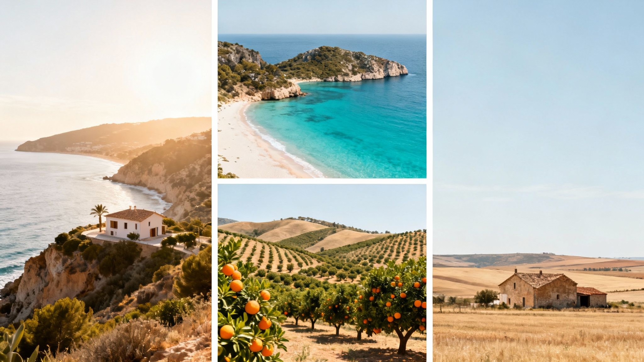 A collage of Spanish landscapes showing a coastal villa, a turquoise beach, an orange grove, and a rural house.