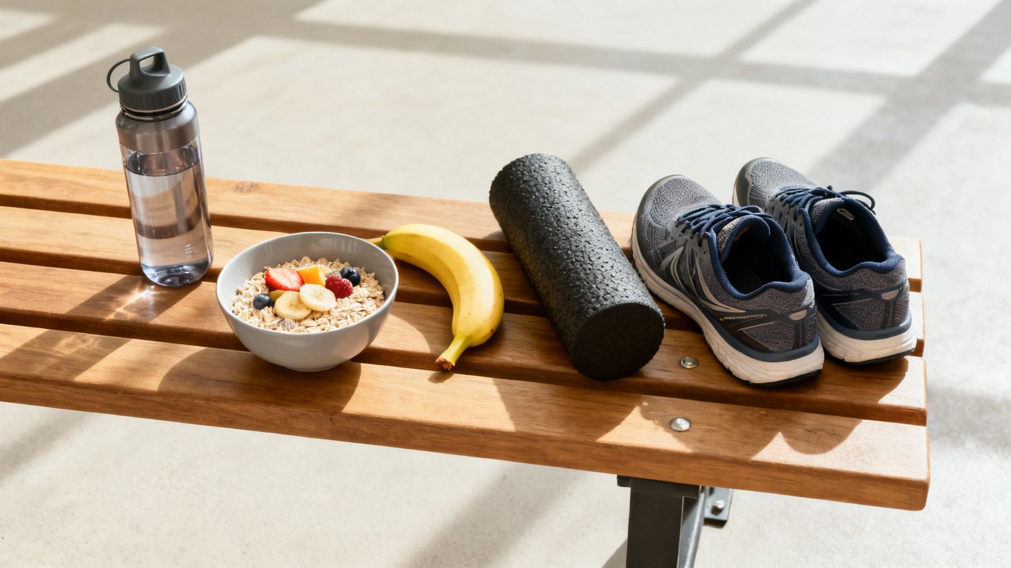 Running essentials with a healthy breakfast: shoes, water bottle, foam roller, and fruit oatmeal.