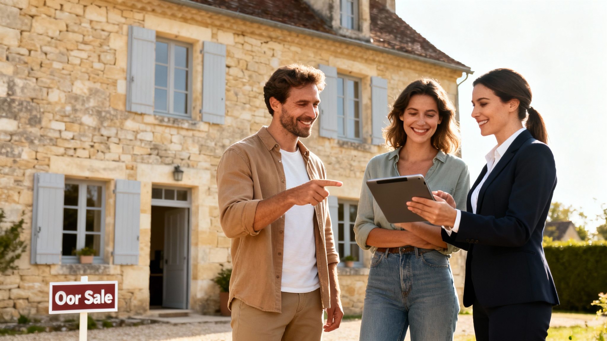 Happy couple and real estate agent discussing a property for sale in front of a stone house.