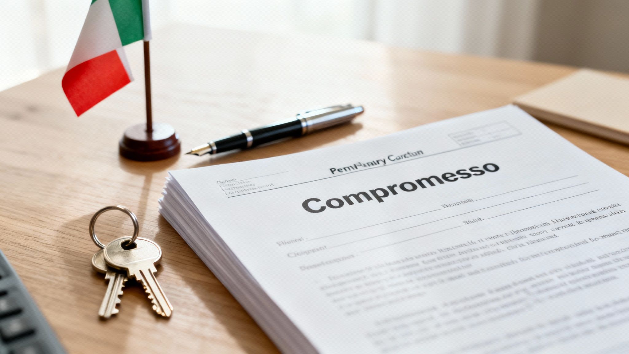 A person signing official documents at a desk in Italy
