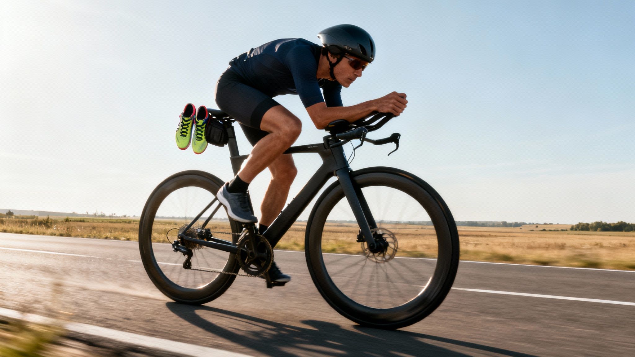 A male triathlete cycles intensely on an aerodynamic bike during an outdoor training session or race.