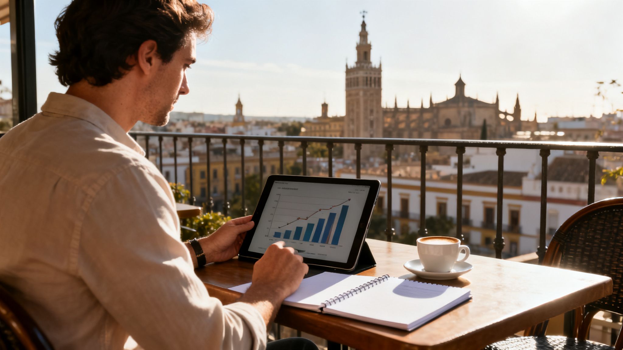 Man reviewing business analytics on a tablet on a sunny balcony overlooking Seville, Spain.