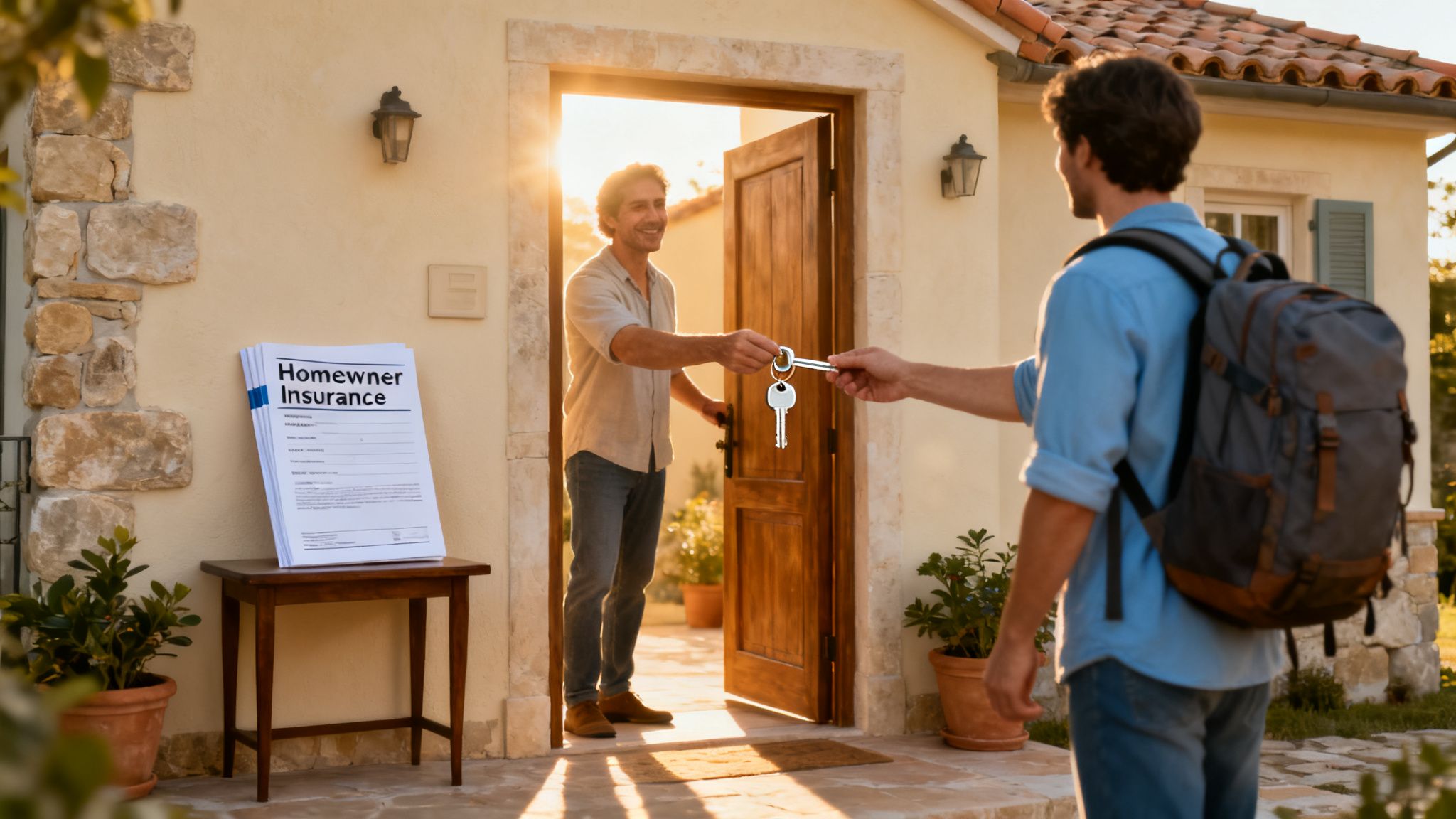 A man hands house keys to another man near a stack of homeowner insurance papers.