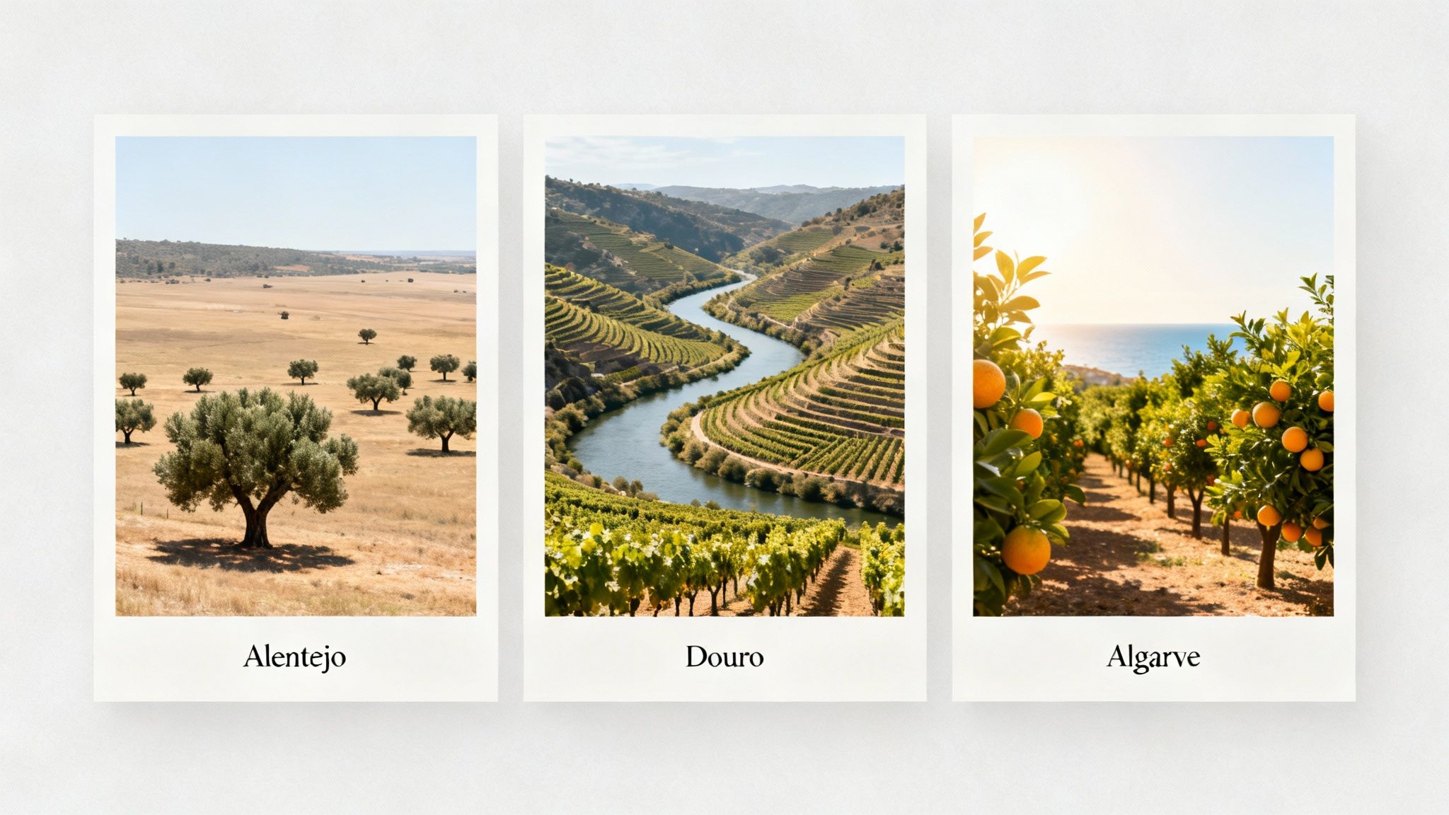 Three polaroid-style photos showcasing diverse Portuguese landscapes: Alentejo's olive groves, Douro's vineyards and river, and Algarve's orange orchards by the sea.