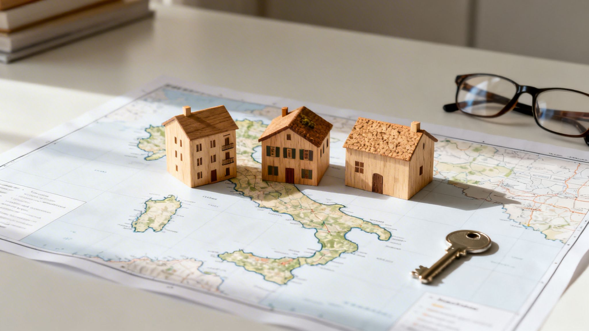 Wooden houses and a key are placed on a map of Italy, suggesting real estate.