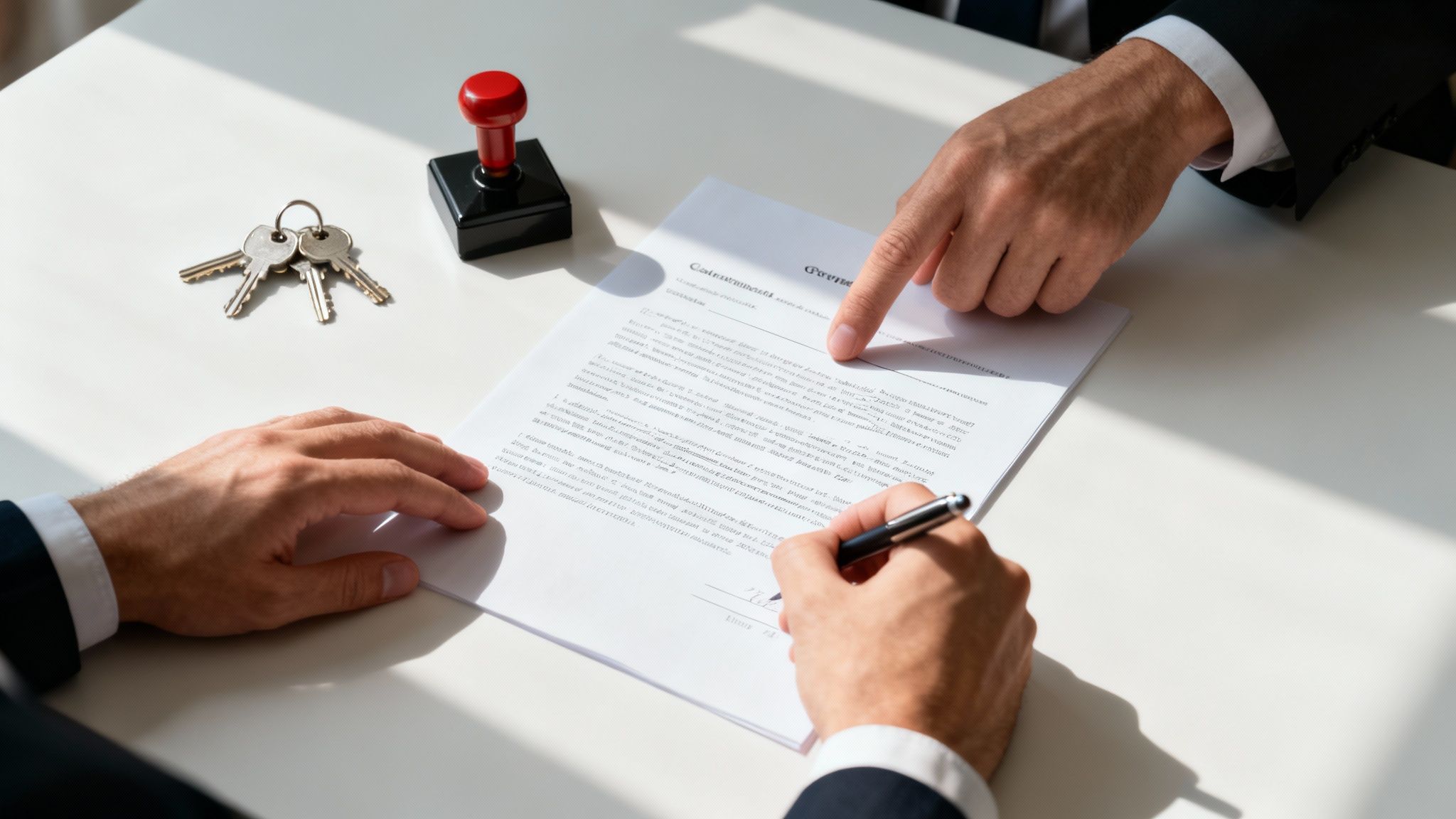 Two businesspeople signing property purchase contract with keys and red stamp on desk