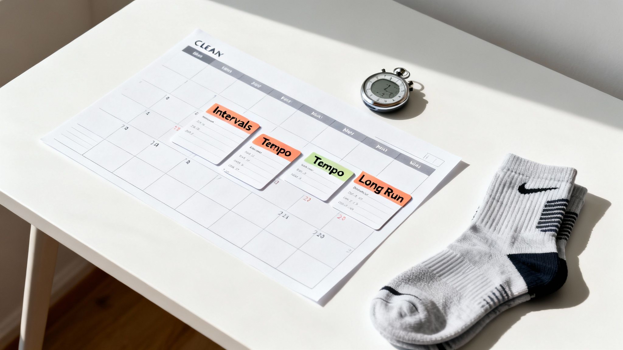 A running training calendar with workouts, a stopwatch, and Nike socks on a white table.