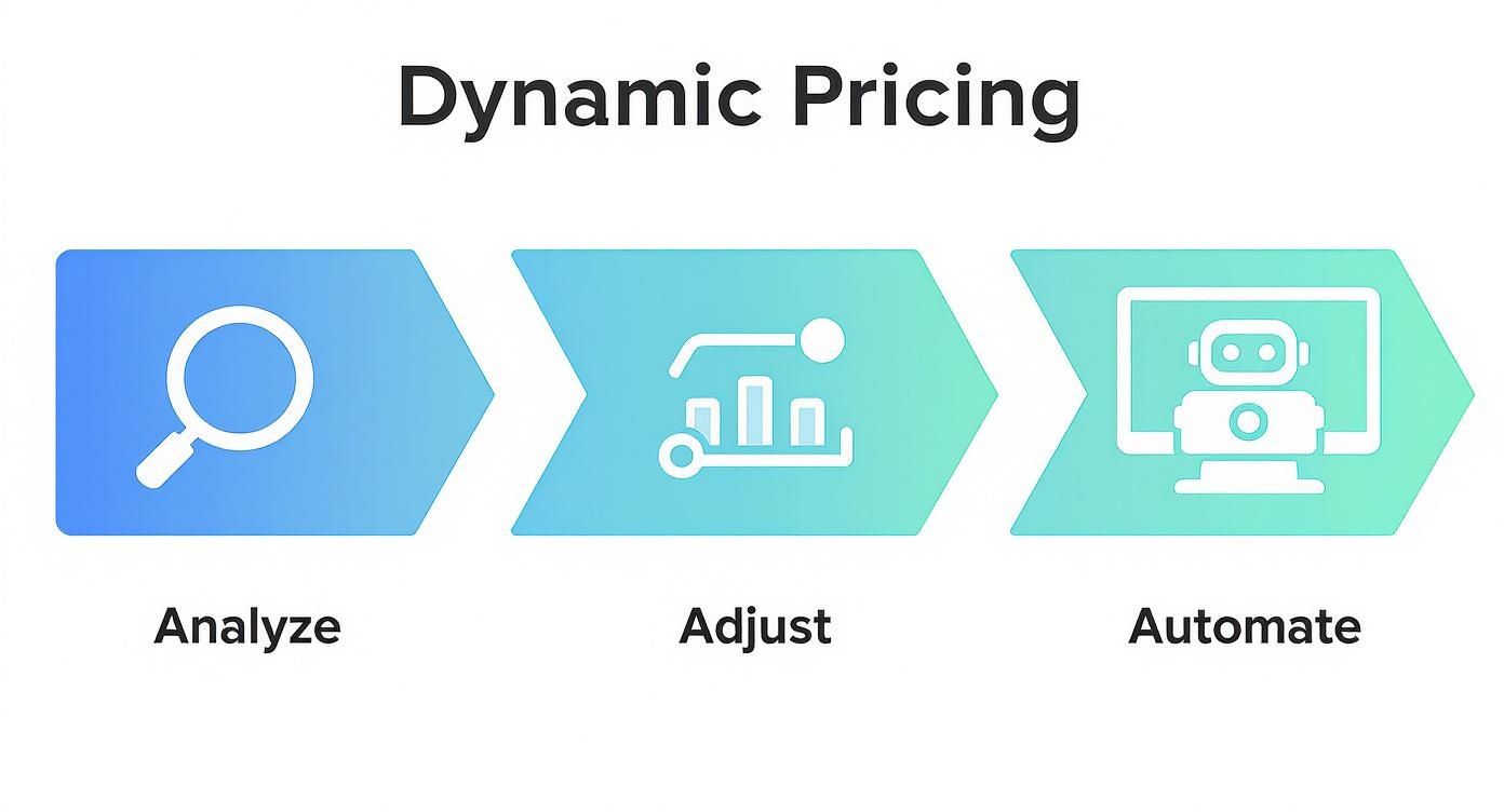 An infographic illustrating a three-step process for dynamic pricing: Analyze, Adjust, and Automate, with corresponding icons.