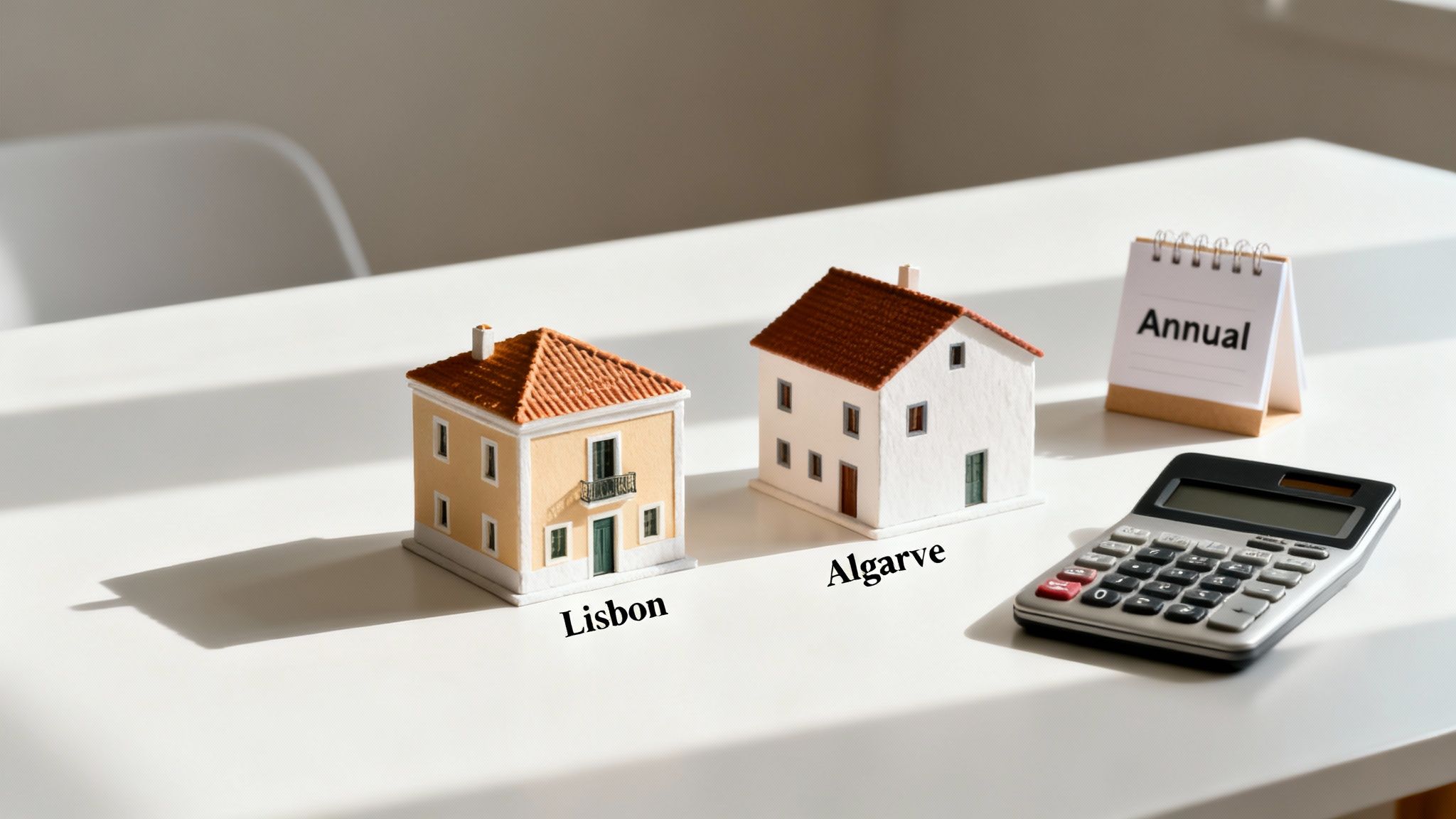 Two miniature houses, labeled Lisbon and Algarve, next to a calculator and an 'Annual' calendar, symbolizing property taxes.