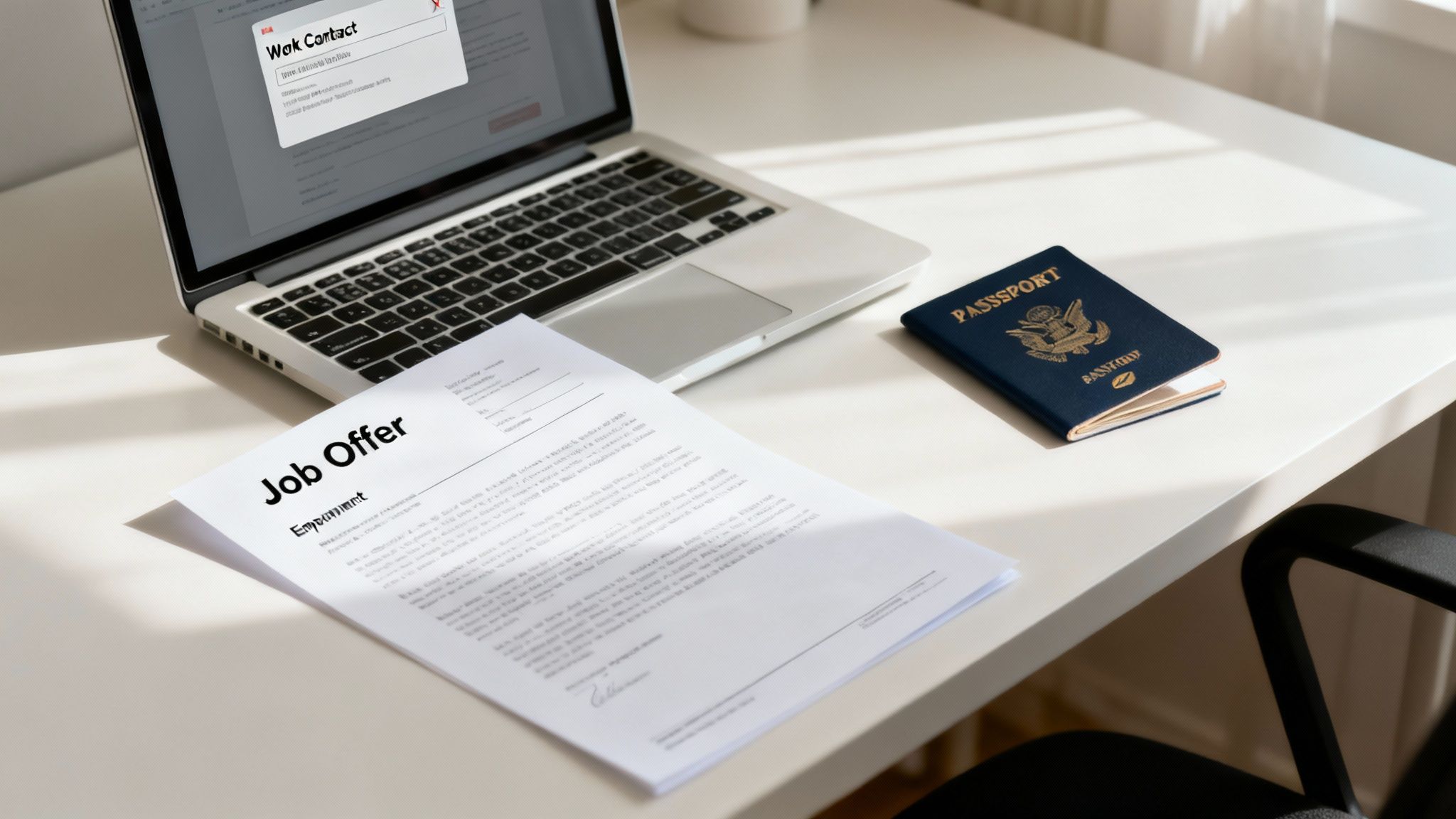 A desk with a laptop displaying a 'Work Contact' popup, a 'Job Offer' document, and a passport.