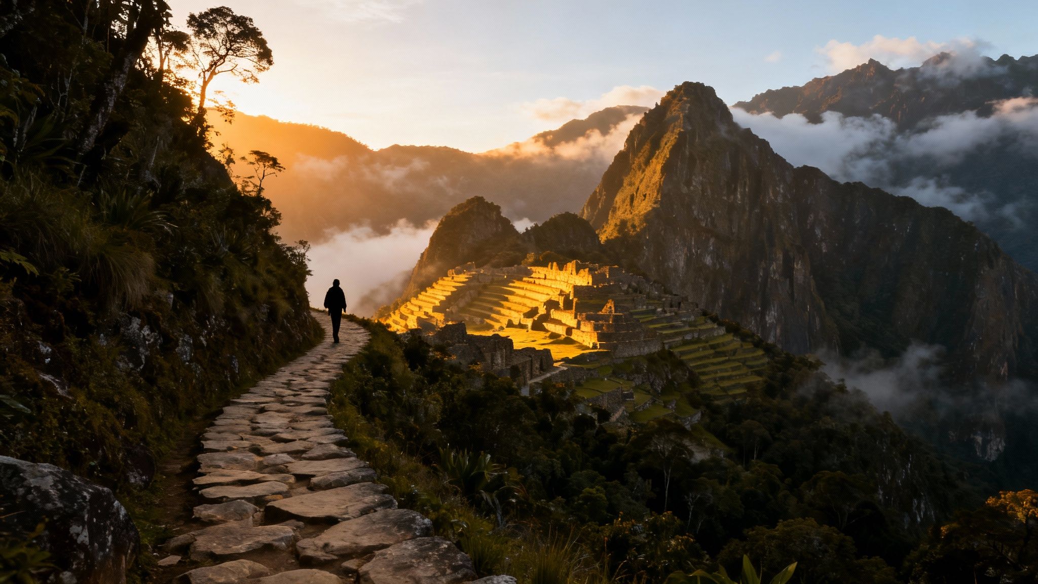 A silhouette walks on a stone path towards ancient Machu Picchu at sunrise, surrounded by misty mountains.