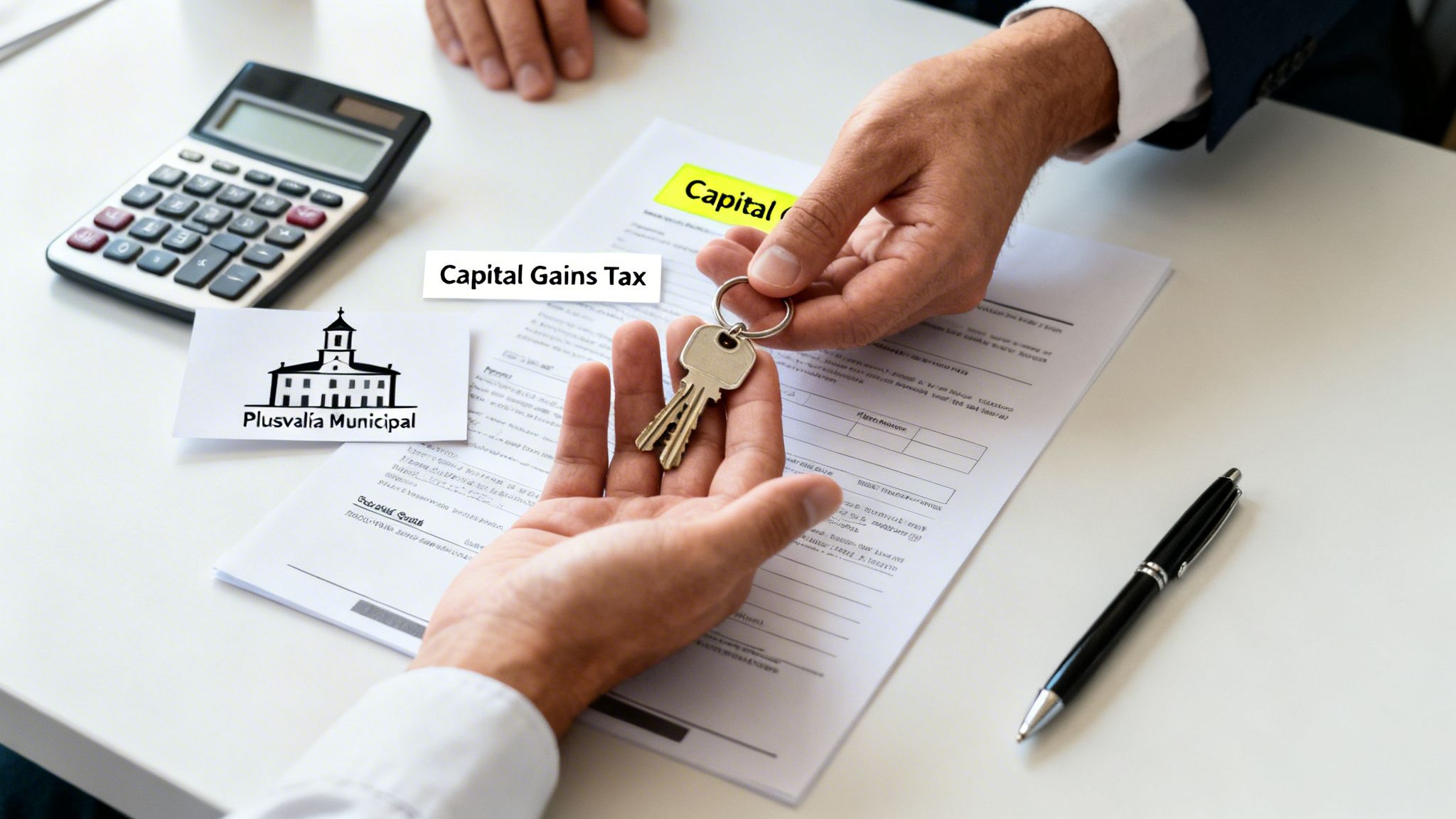 Hands exchanging house keys on a table with tax documents, including Capital Gains Tax and Plusvalía Municipal.