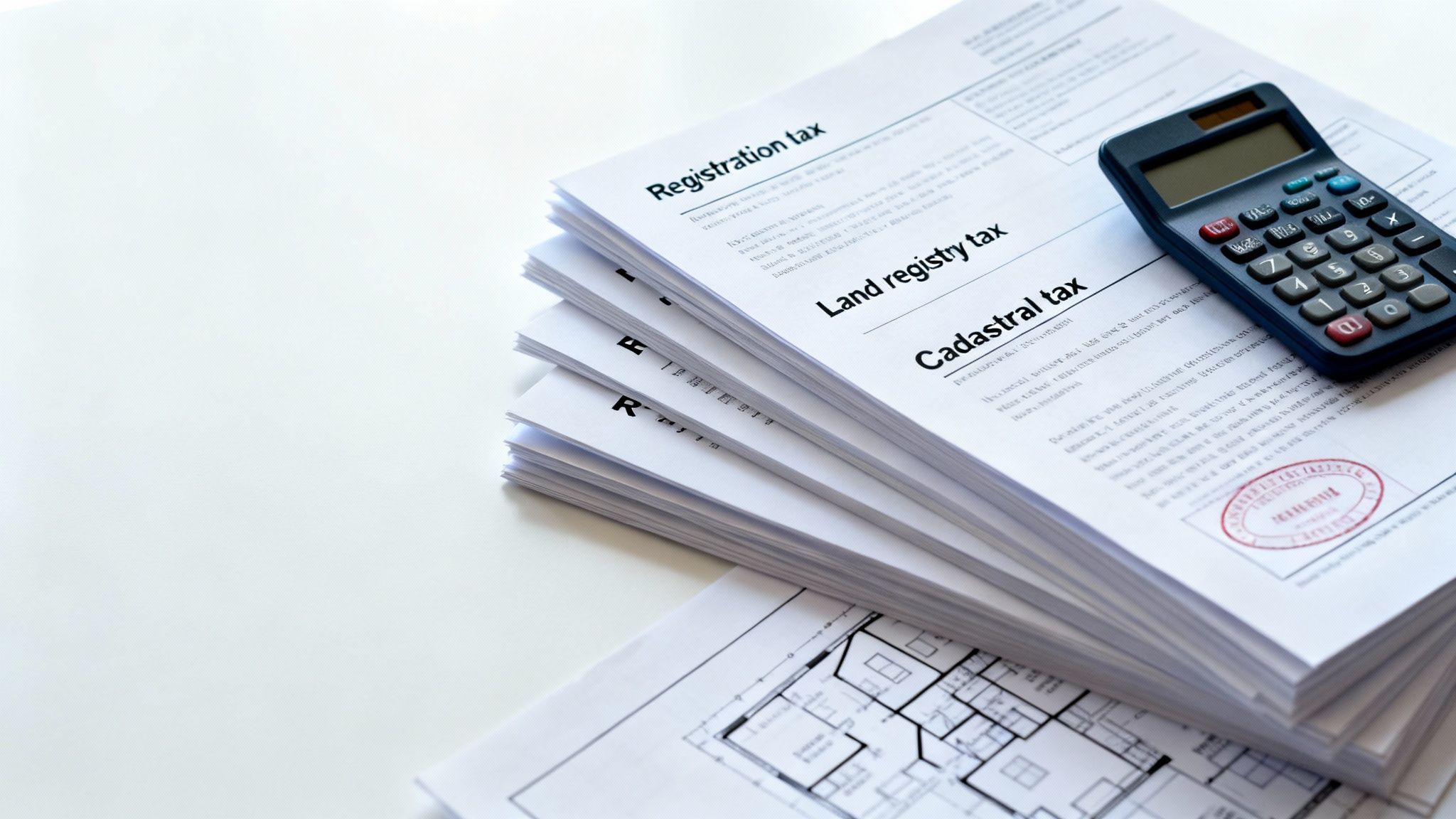 A calculator rests on a stack of tax documents including registration, land registry, and cadastral taxes, alongside a blueprint.