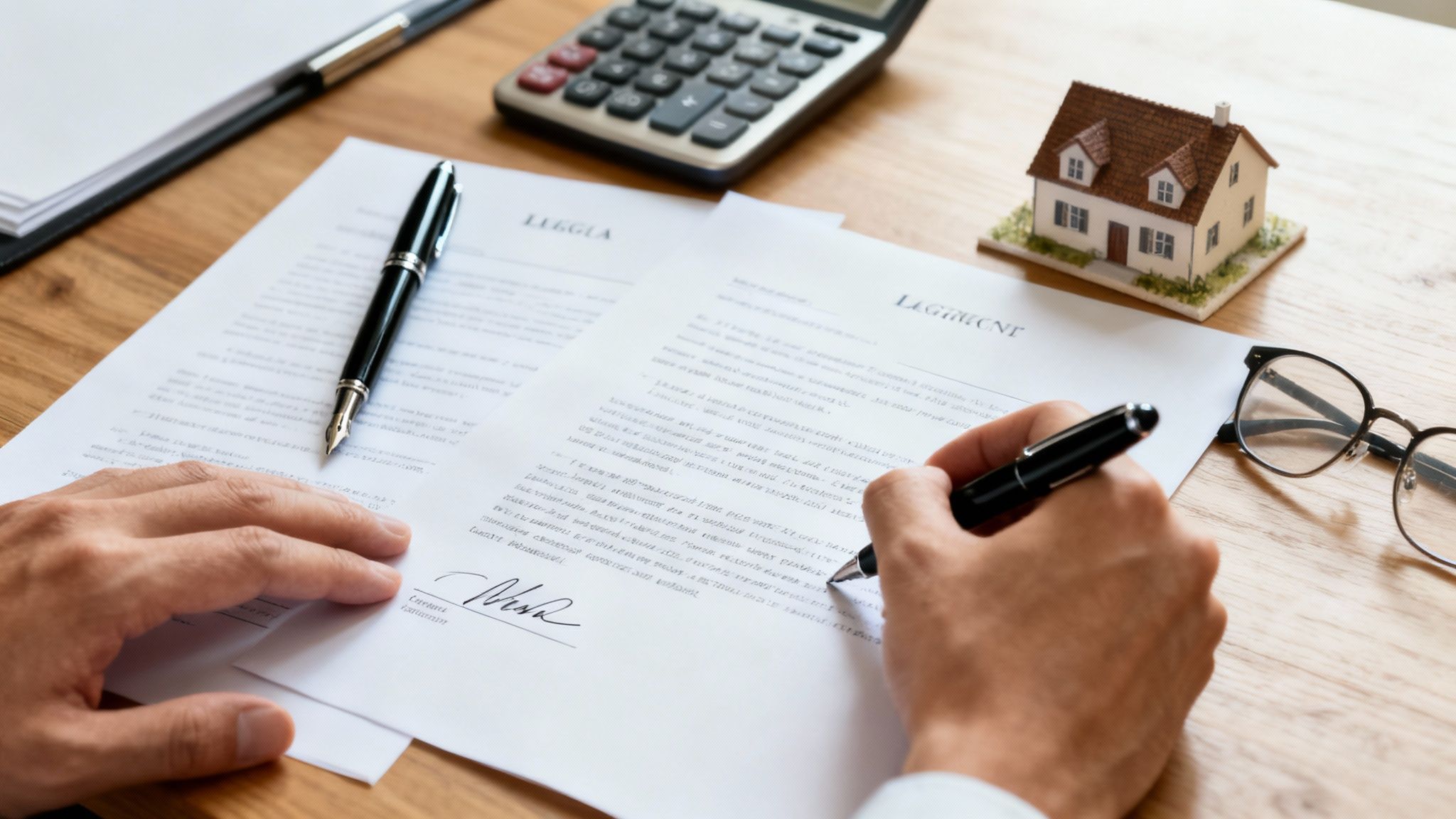 A person signs real estate documents on a wooden desk with a model house and calculator.