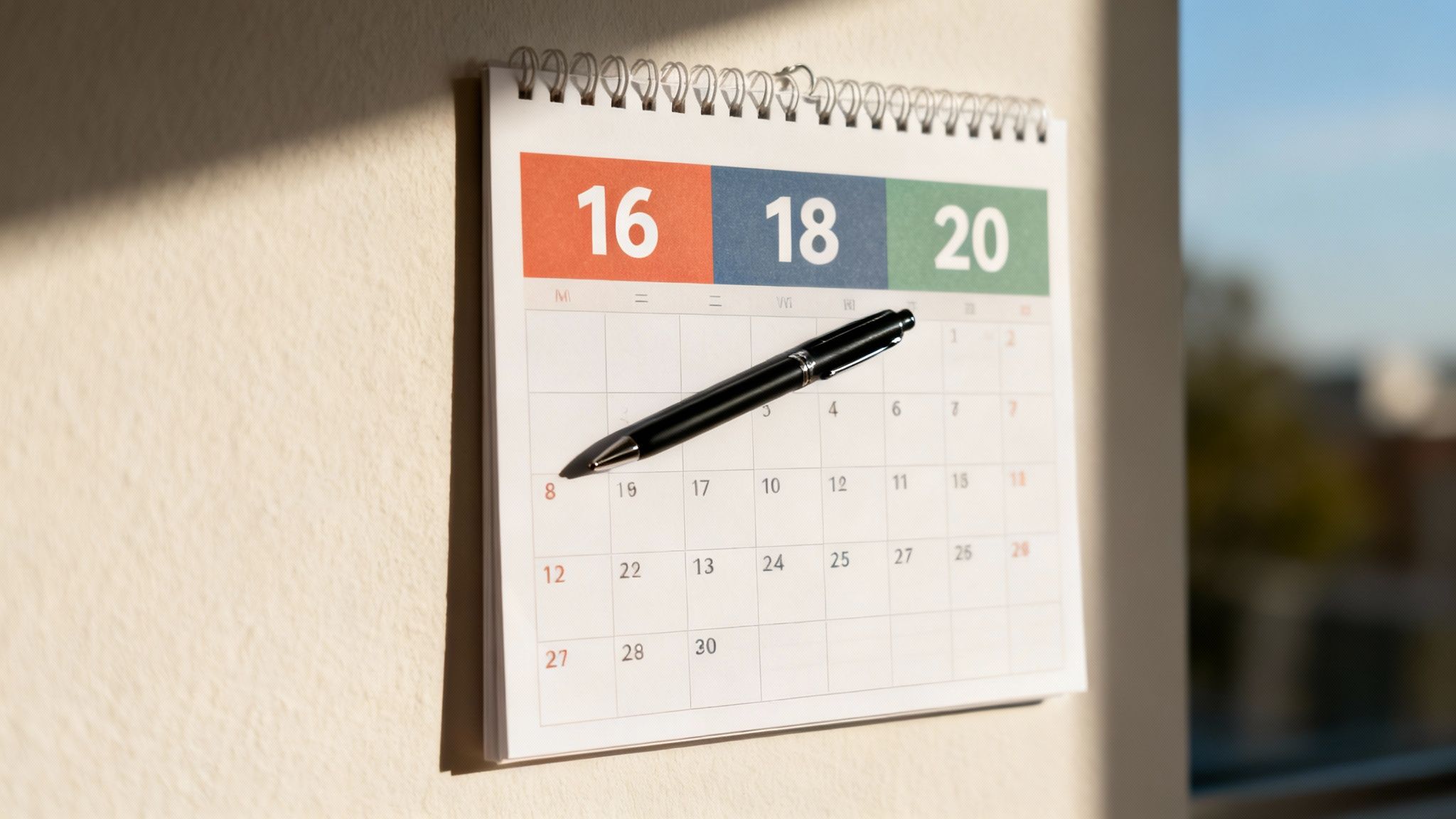 A spiral wall calendar with a black pen, highlighted by sunlight, showing dates 16, 18, 20.