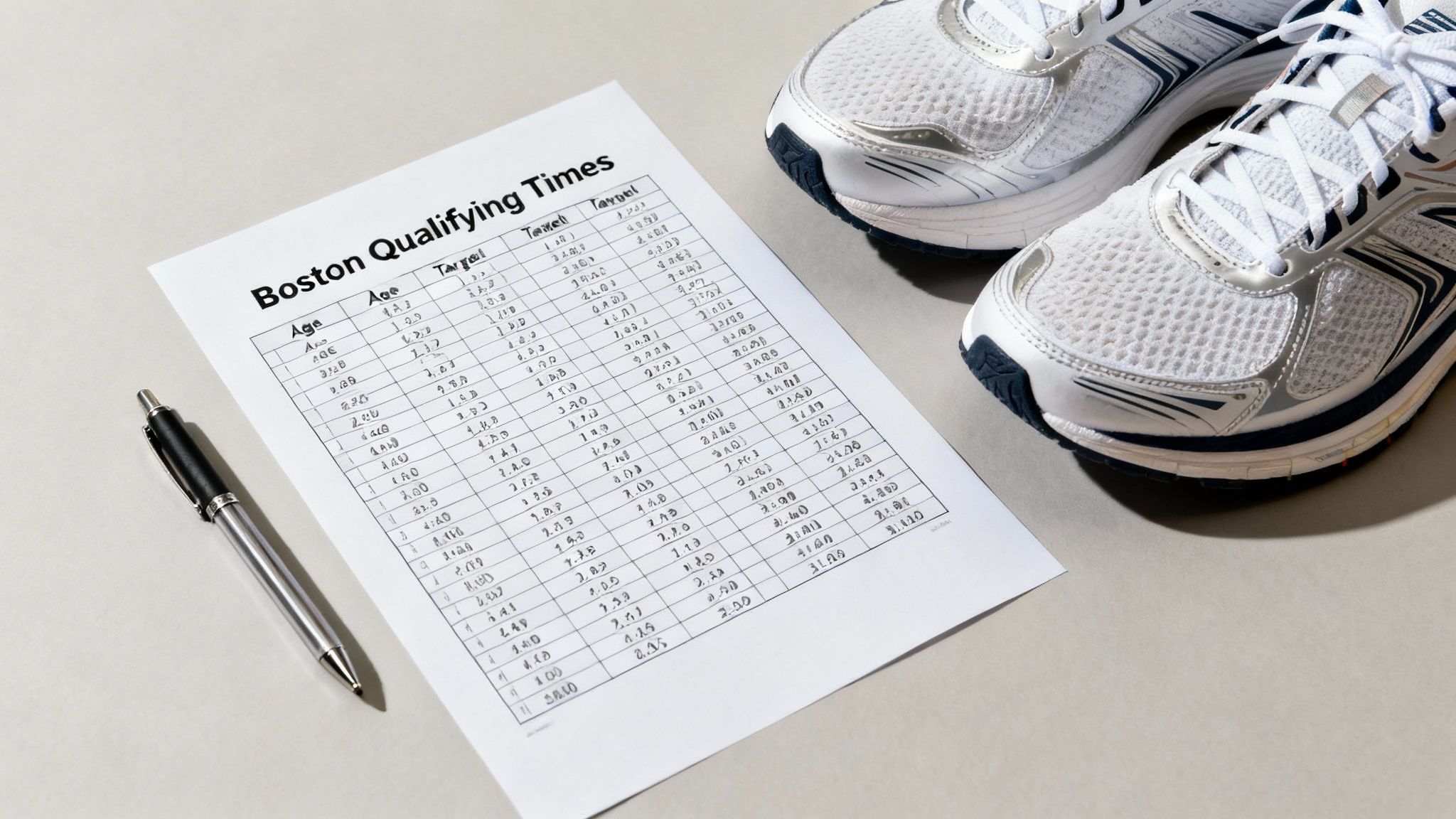 A Boston Marathon qualifying times chart lies on a table with a pen and running shoes.