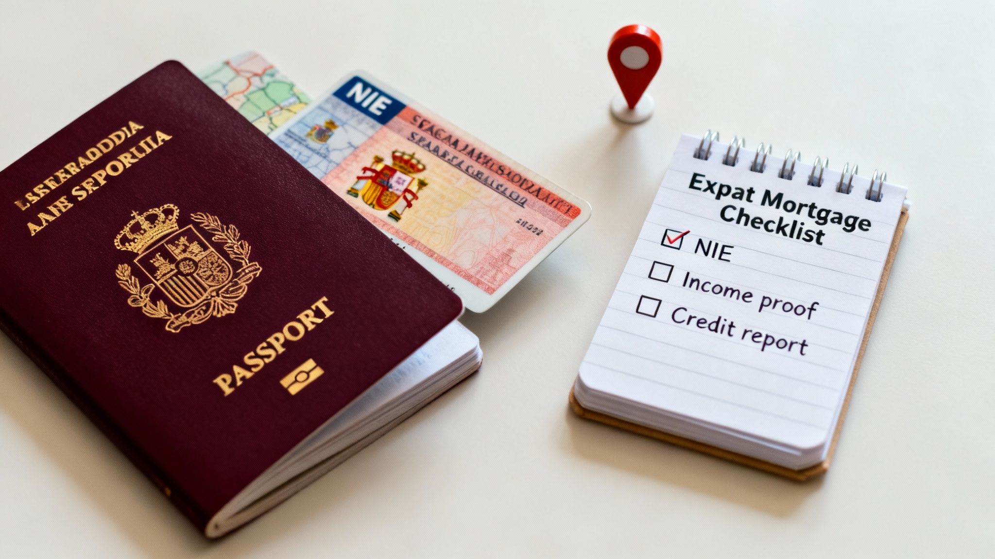 An expat mortgage checklist with a Spanish passport and NIE card, showing required documents.