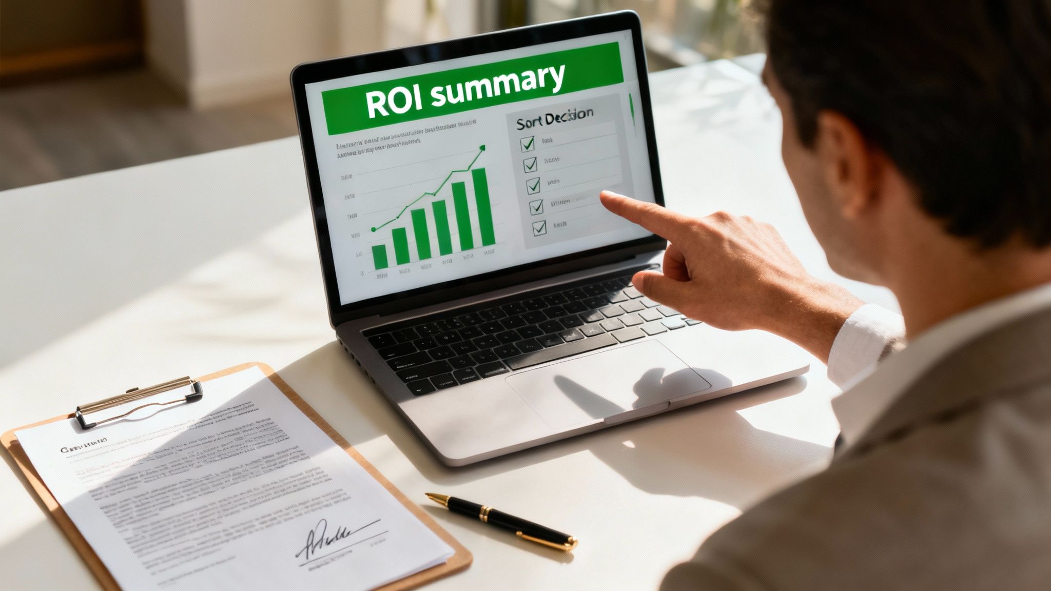 Investor smiling confidently while reviewing property documents and a laptop showing financial data.