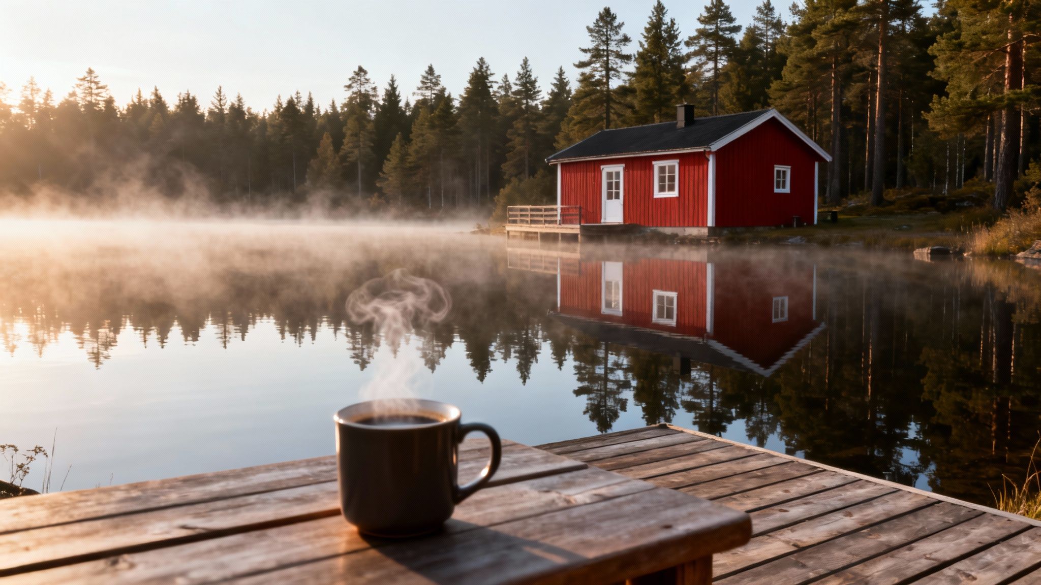 A serene red cabin by a misty lake at sunrise, with a steaming coffee cup on a wooden dock.