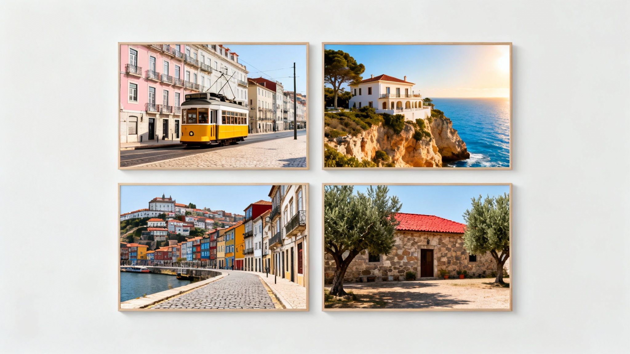 Four framed pictures showcasing diverse Portuguese landscapes: Lisbon tram, coastal villa, Porto riverfront, and a rural stone house.