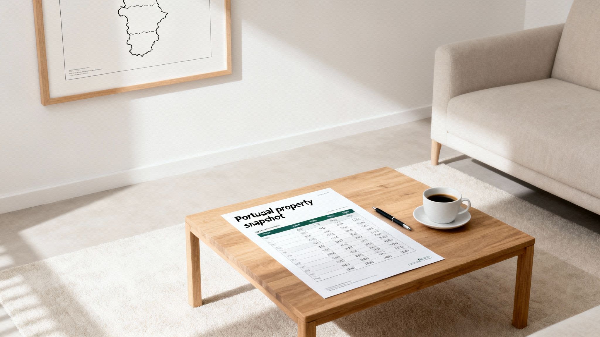 A 'Portugal property snapshot' document, coffee, and pen on a wooden coffee table in a modern room.