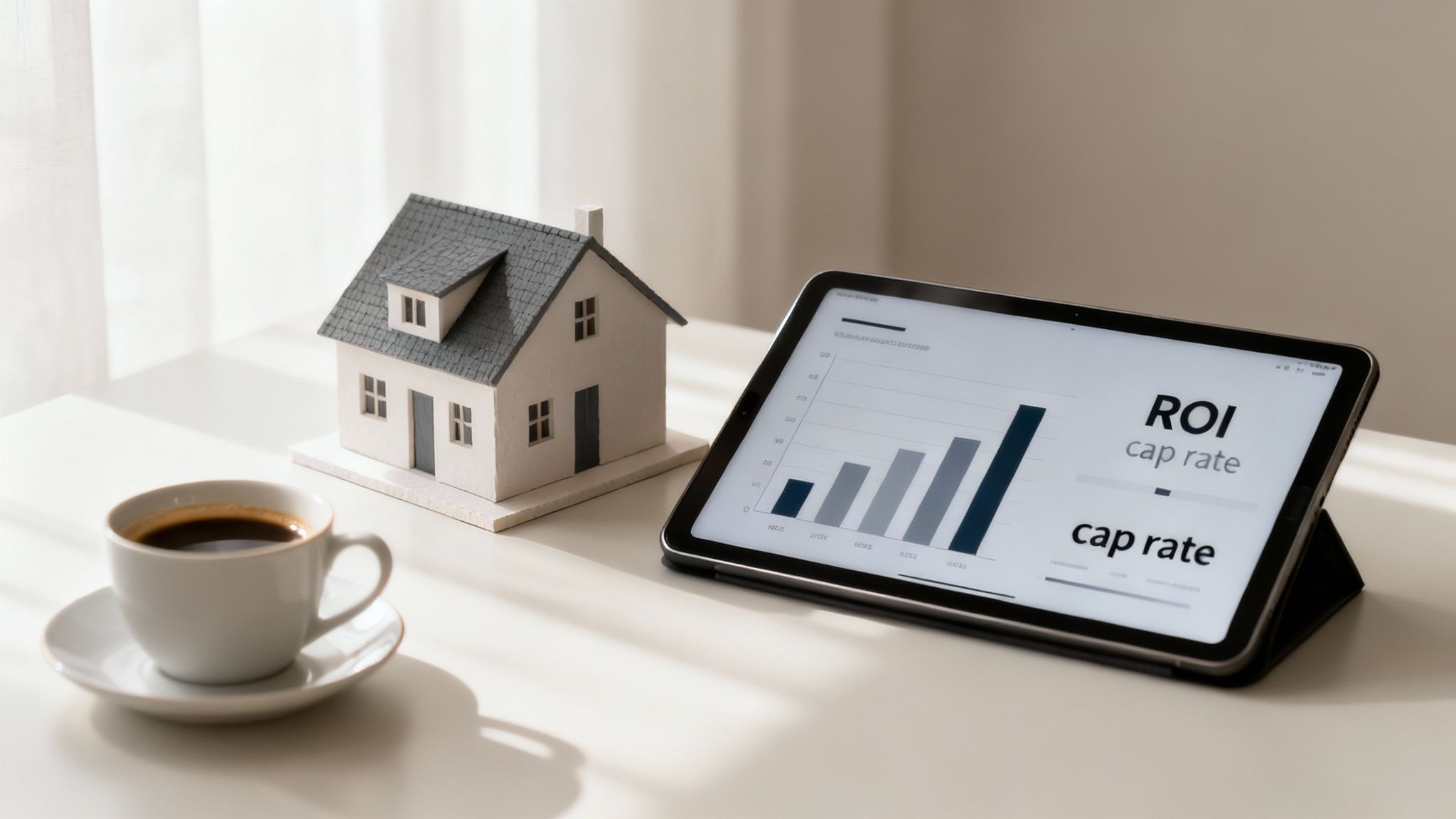 A model house and a coffee cup next to a tablet showing ROI and cap rate data.
