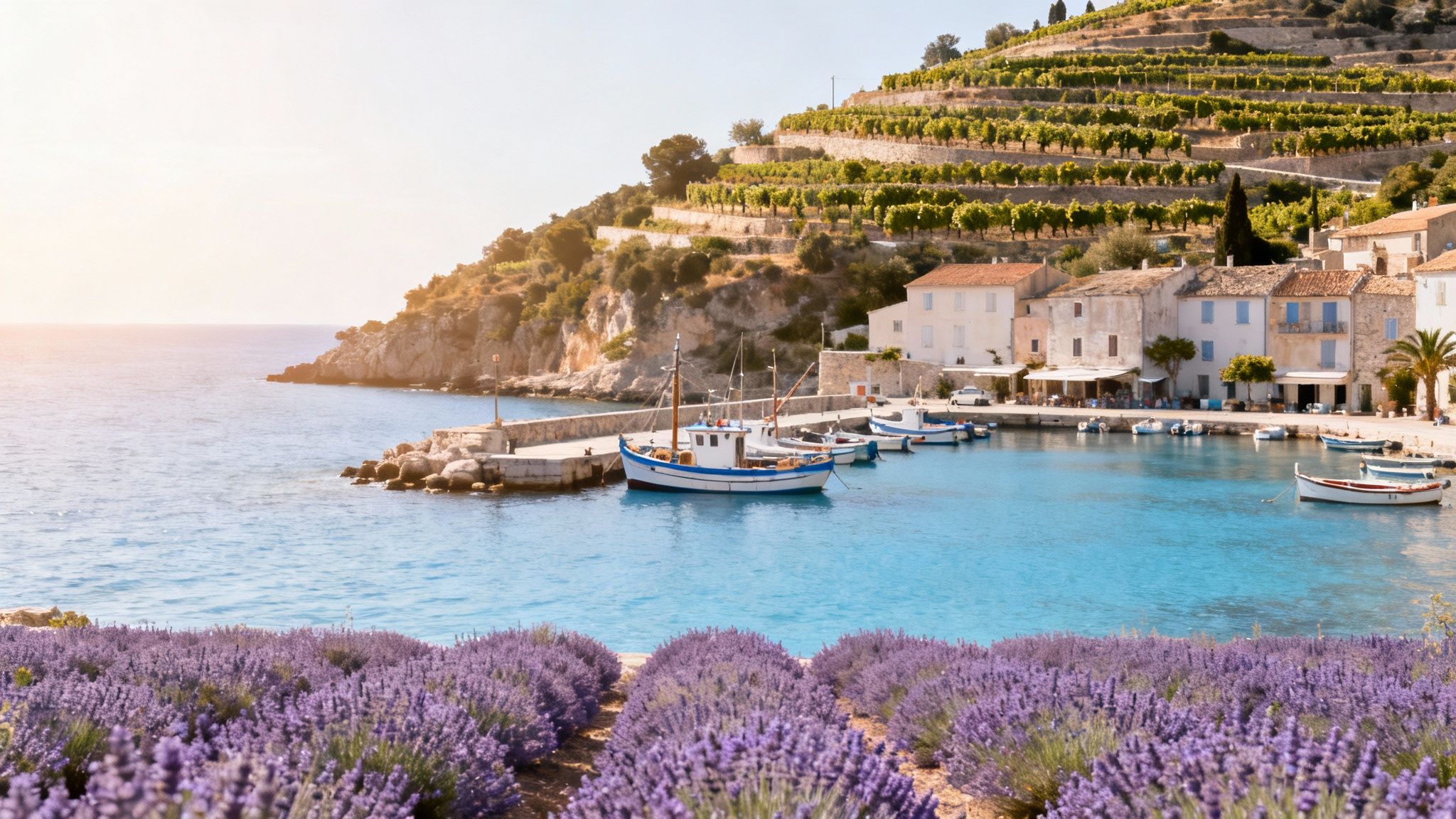A beautiful coastal village in France with a harbor, vineyards, and blooming lavender fields.