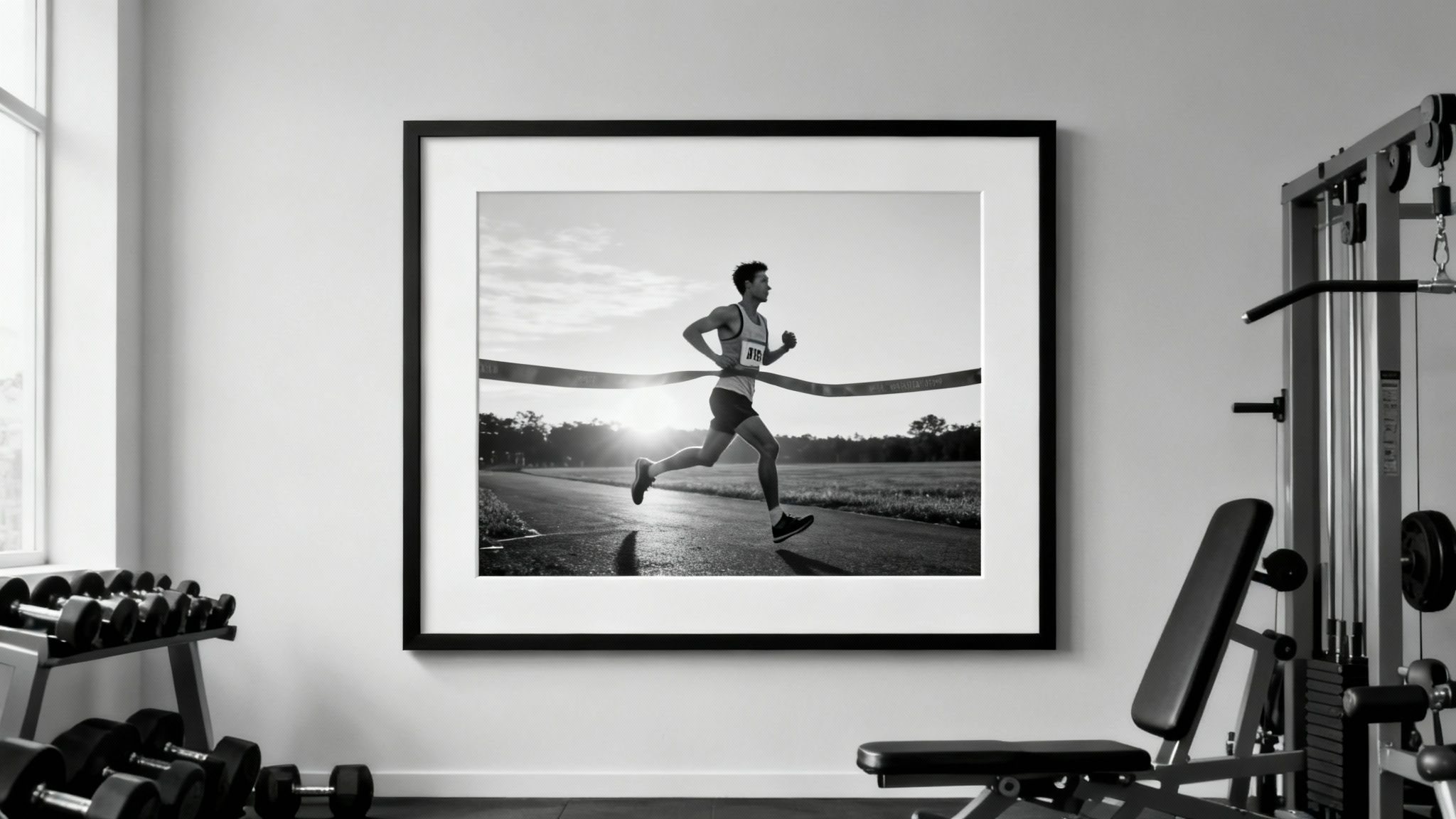 A framed black and white photo of a runner crossing a finish line in a modern home gym.