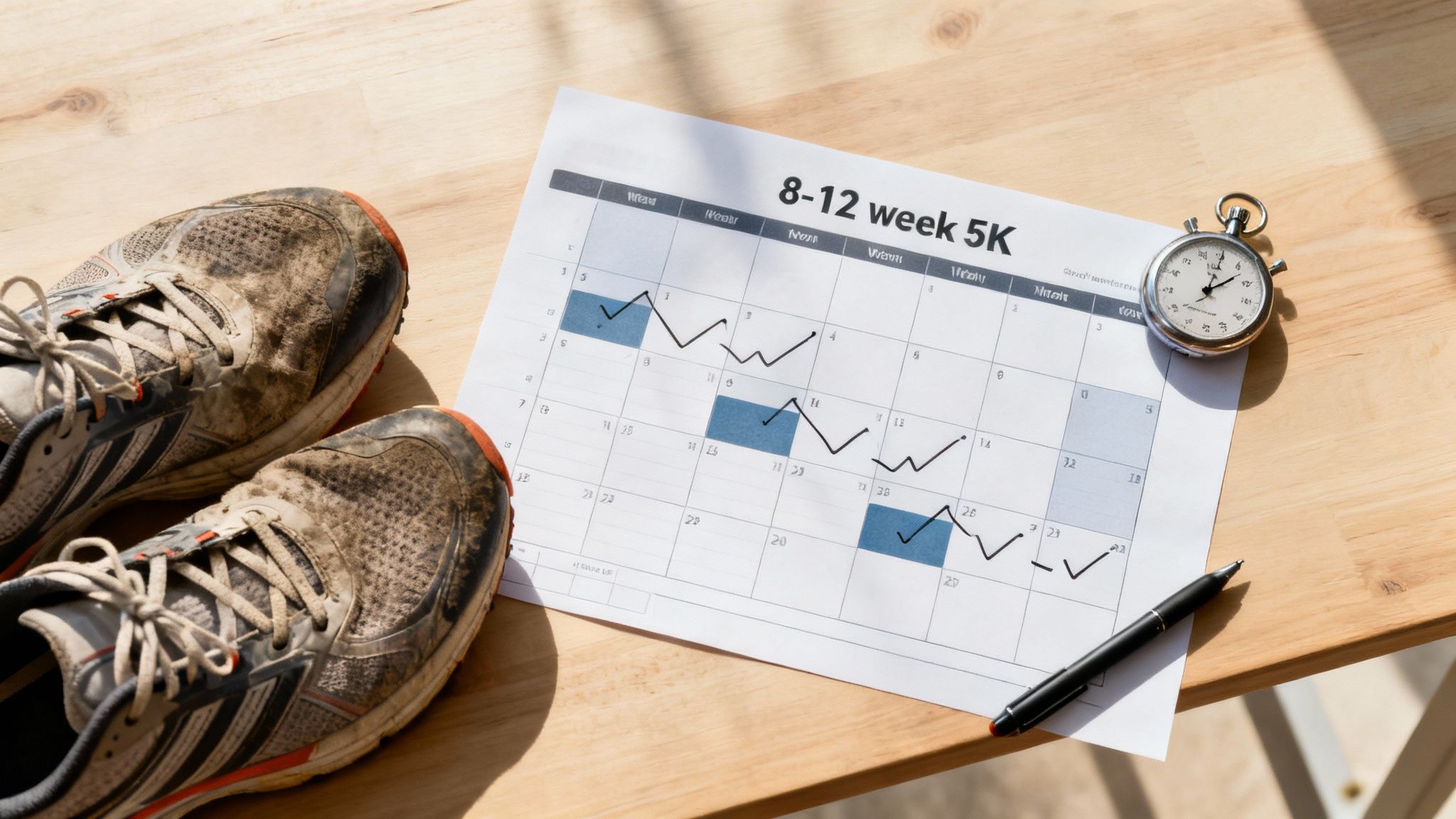 Muddy running shoes, a 5K training plan calendar, stopwatch, and pen on a wooden table.