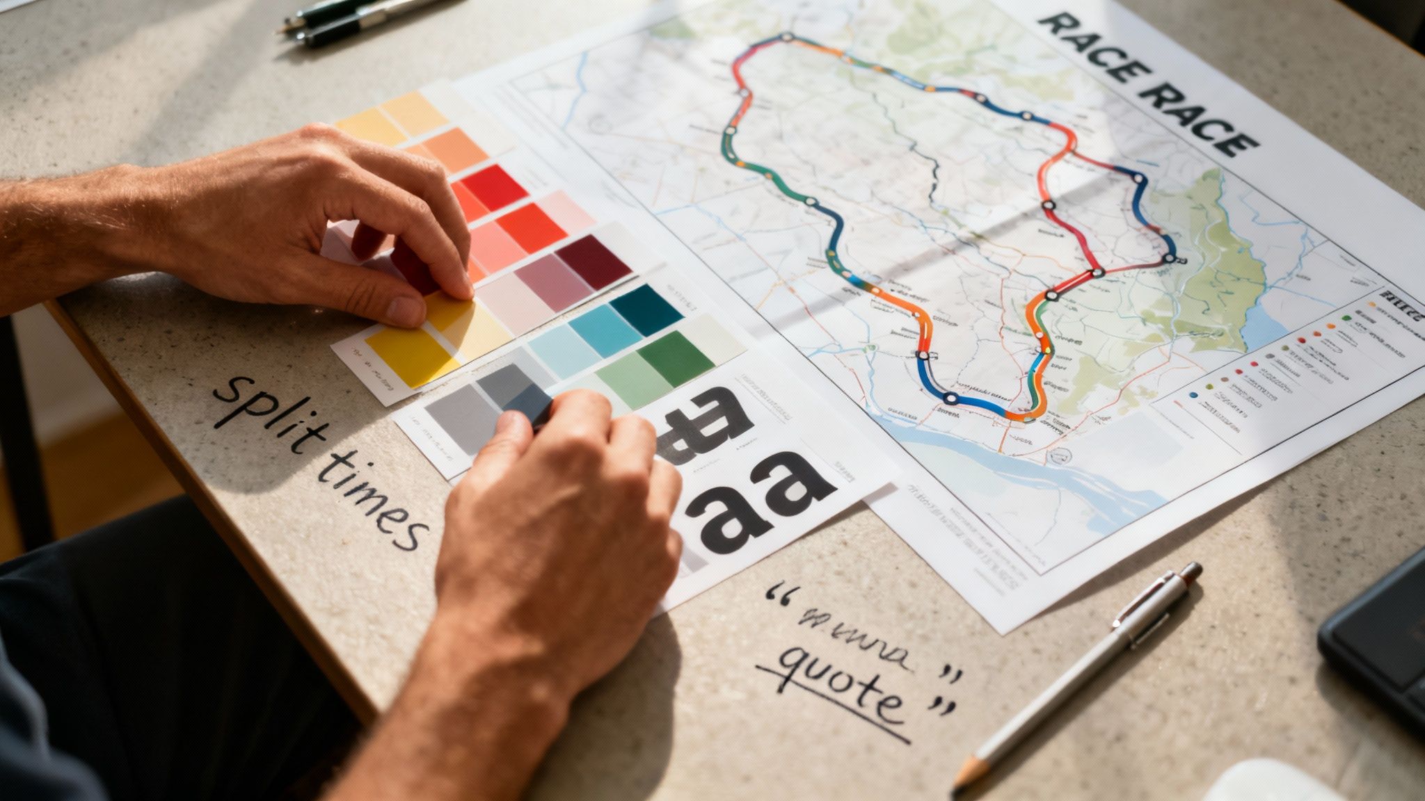Close-up of hands selecting color swatches over a race map and design notes on a desk.