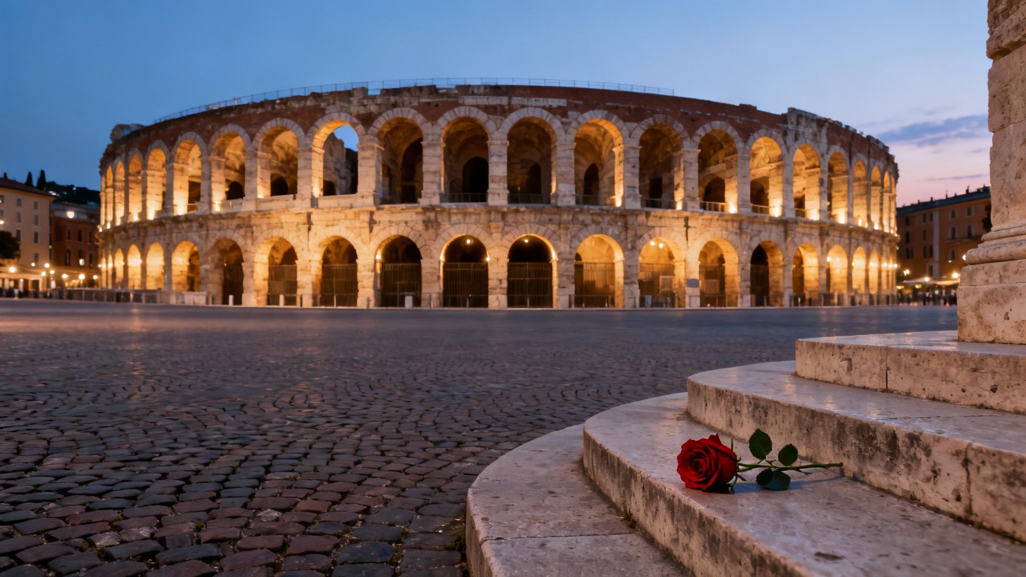 Illuminated Verona Arena at twilight, with a single red rose resting on stone steps.