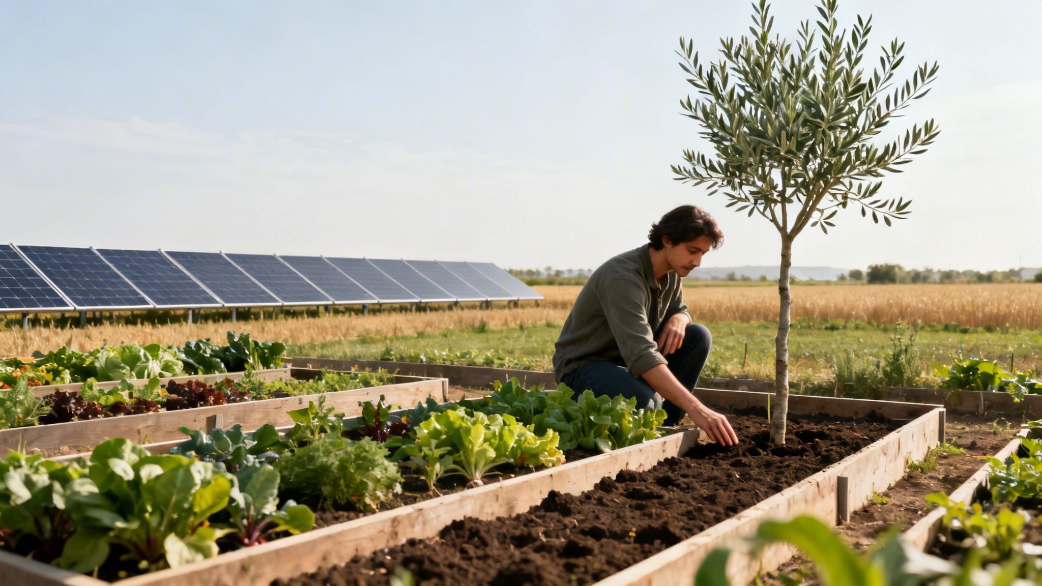 A man tends to a garden in raised beds, with solar panels and a wheat field in the background.