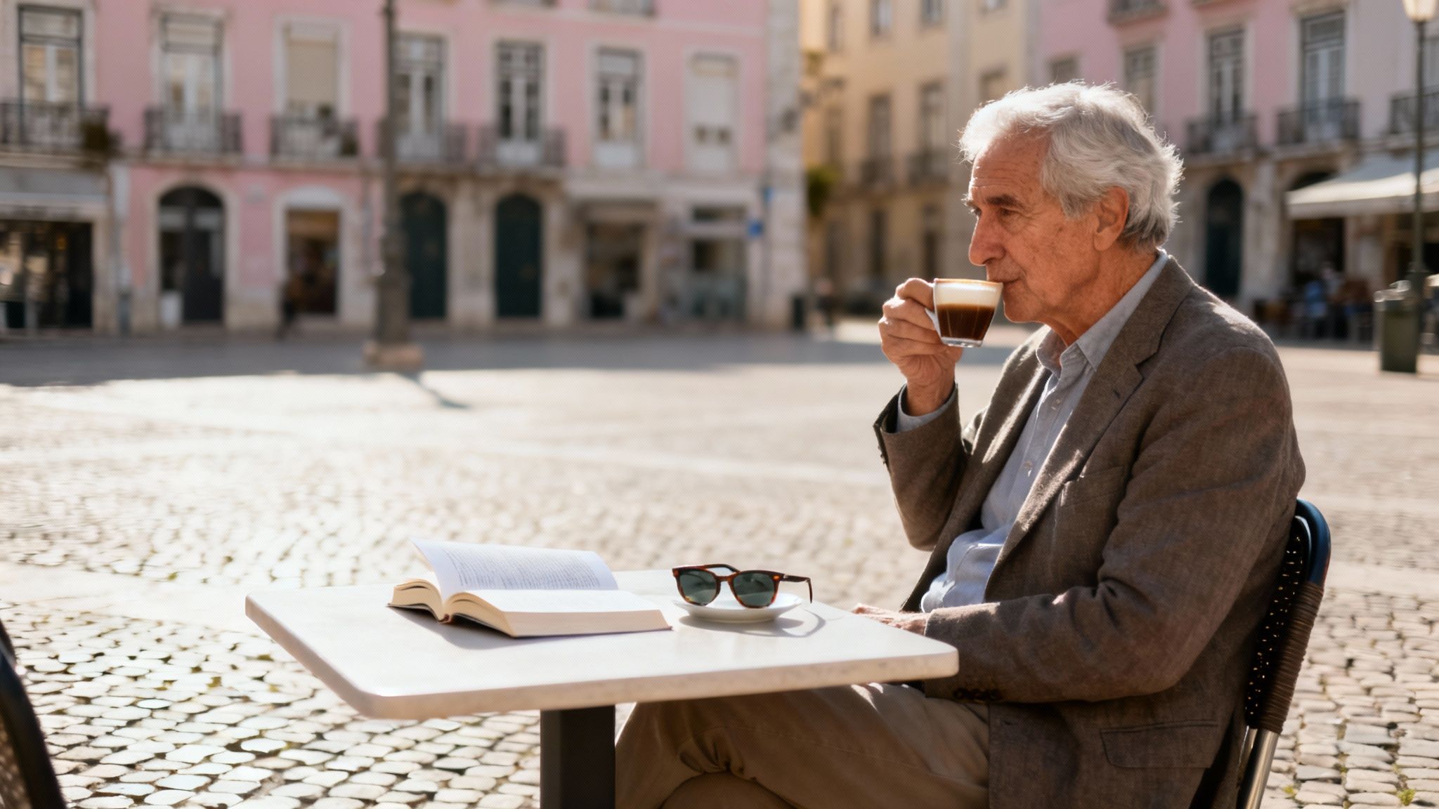 A group of friends enjoying a meal at an outdoor cafe in Portugal.