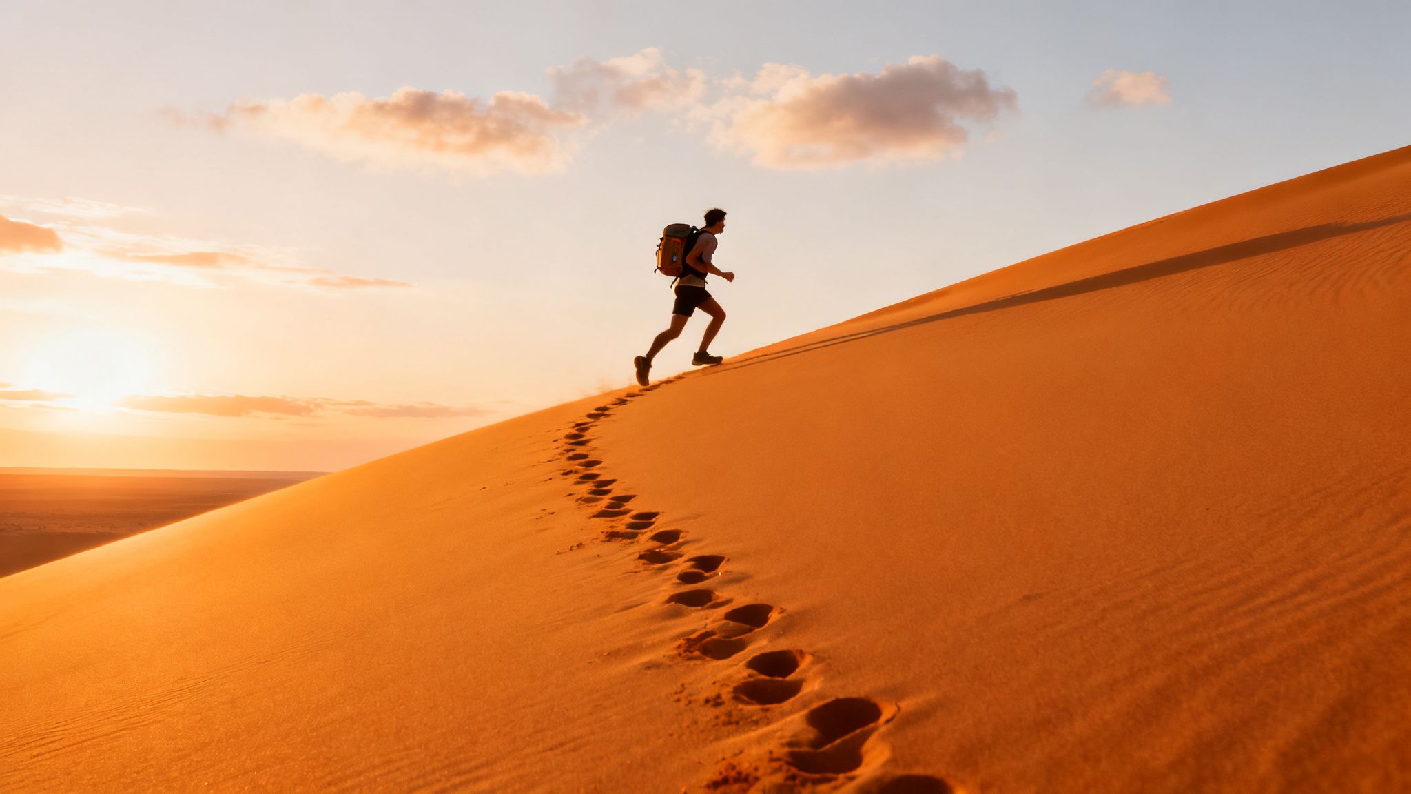 A person with a backpack runs up a steep sand dune at sunset, leaving footprints in the desert.