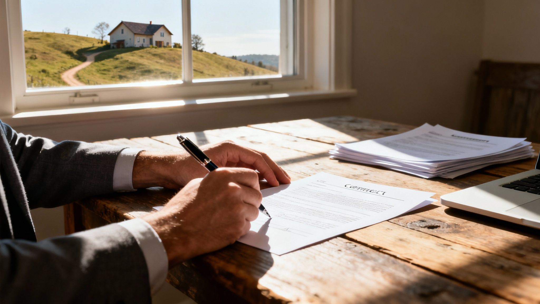 Man signing a contract on a rustic wooden desk with a country house view outside.