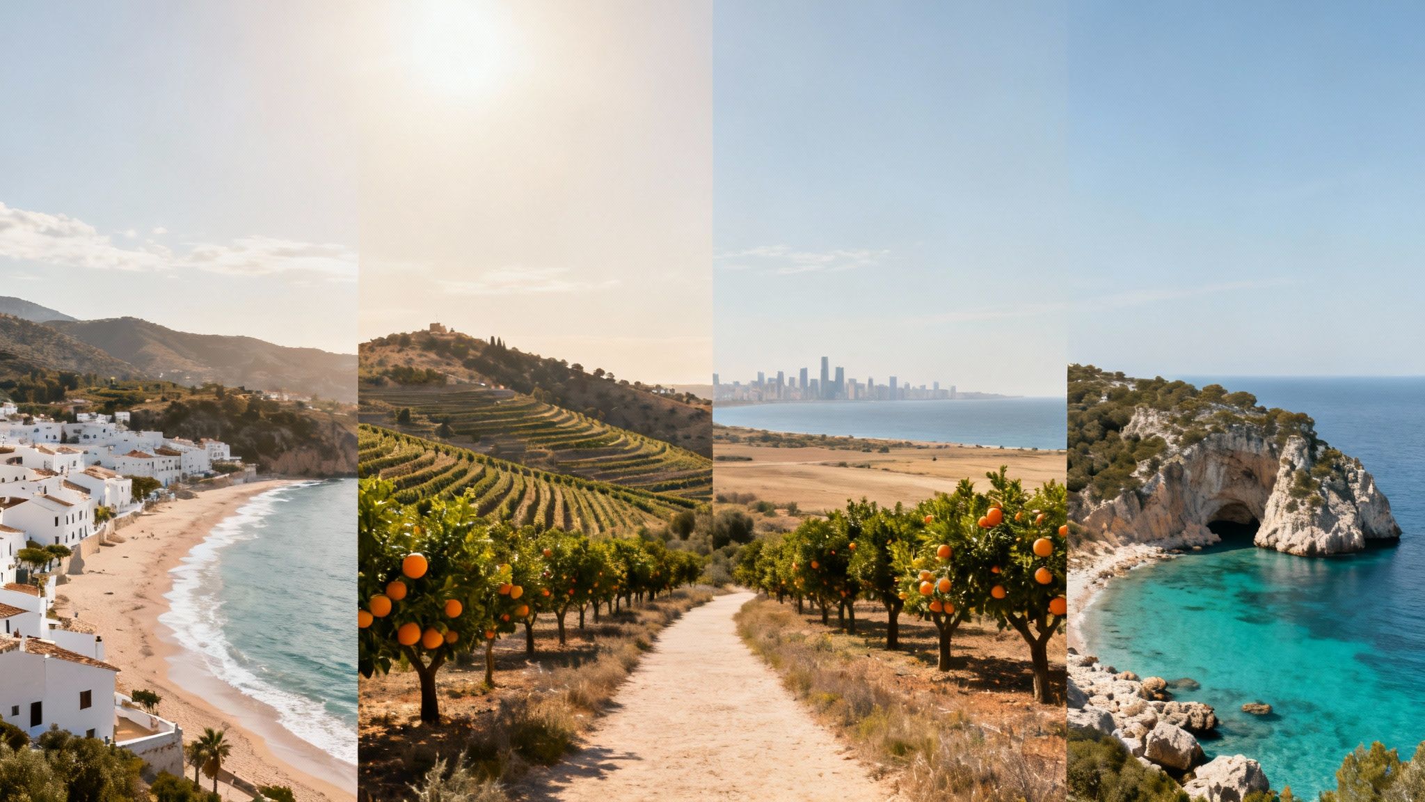 Diverse landscapes of Spain: coastal towns, terraced vineyards, orange groves, and a stunning turquoise sea cave.